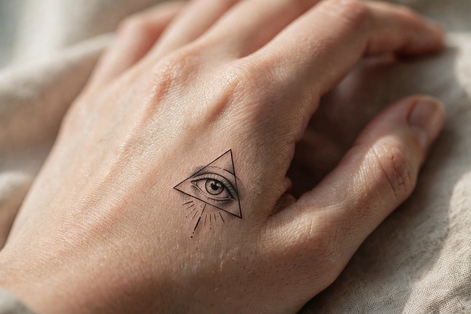 Small evil eye protective symbol tattoo on the side of a hand