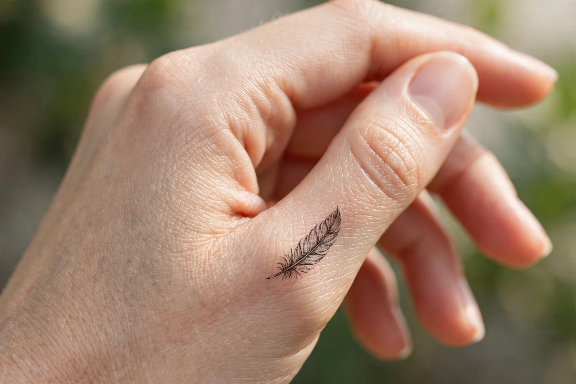 Miniature hamsa hand symbol tattoo on the side of a hand