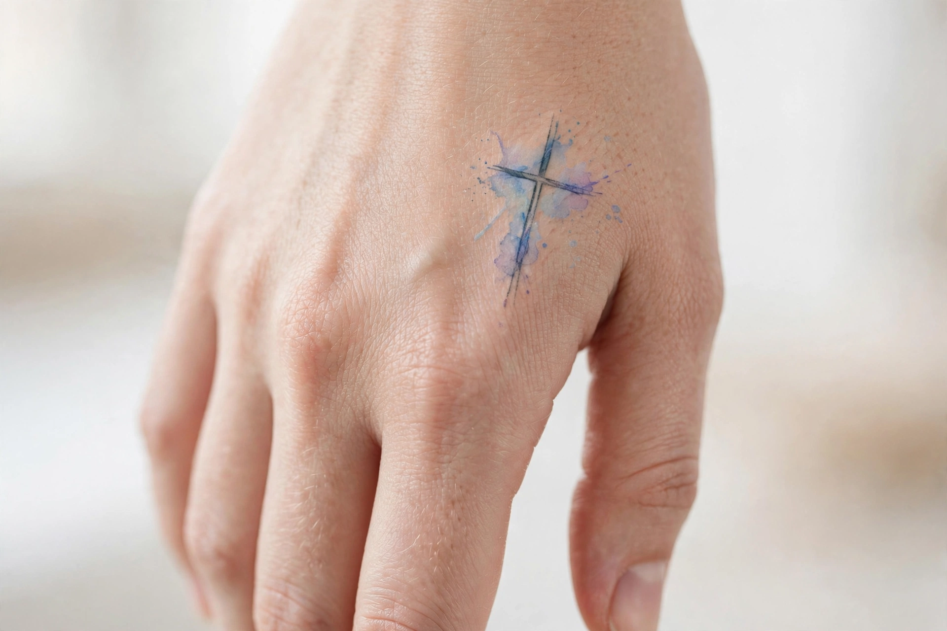 Fine-line cross tattoo on the outer edge of a hand