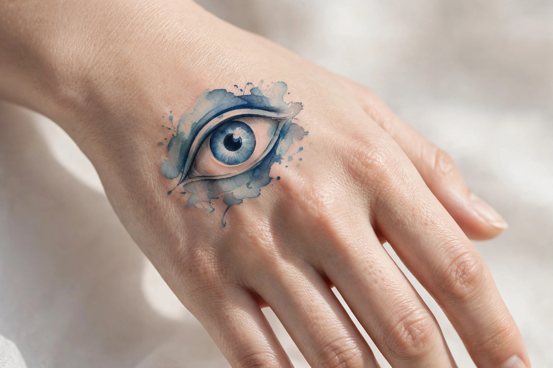 Tiny lavender sprig tattoo on the edge of a hand