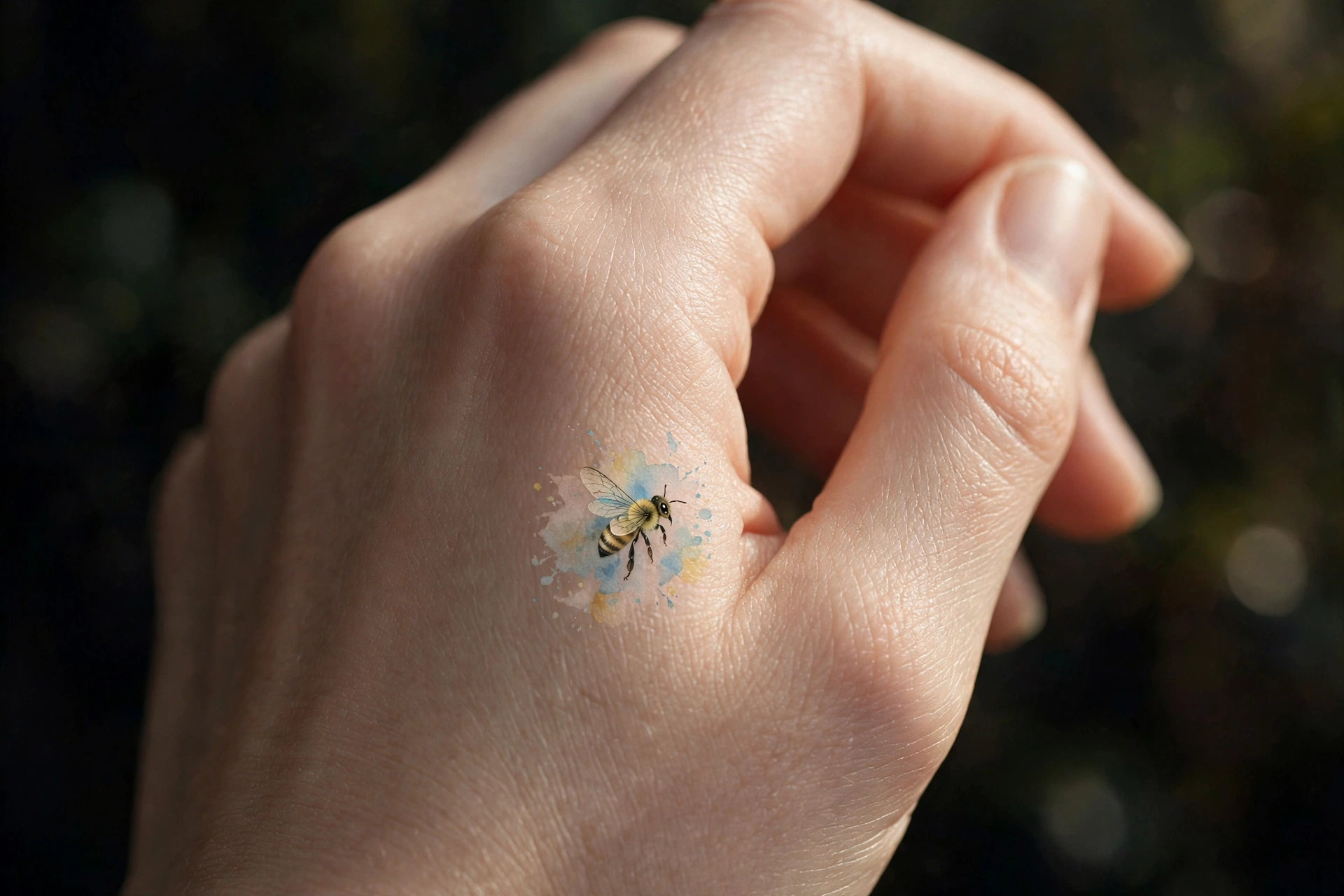 Cherry blossom sprig with petals tattoo on the side of a hand