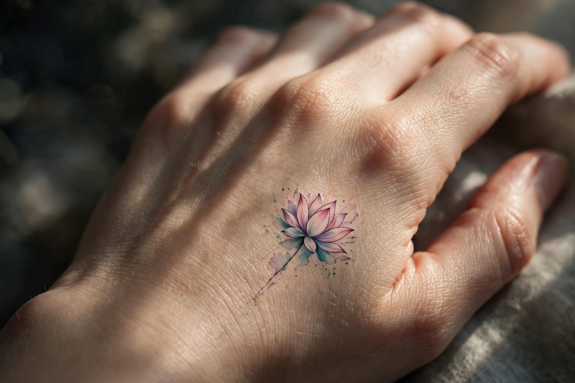 Musical notes floating down the side of a hand tattoo