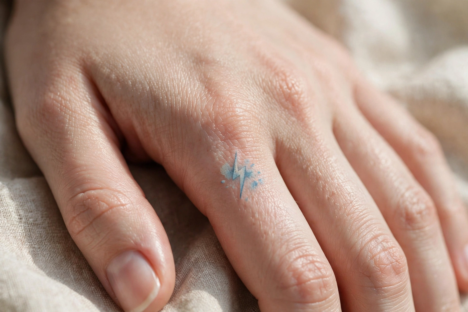 Tiny mountain landscape scene tattoo on the side of a hand