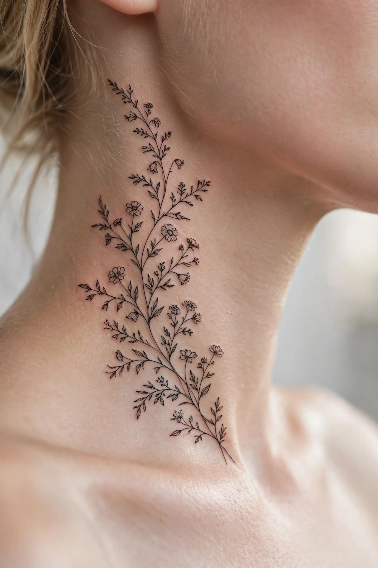Delicate wildflower vine tattoo climbing up the side of a neck