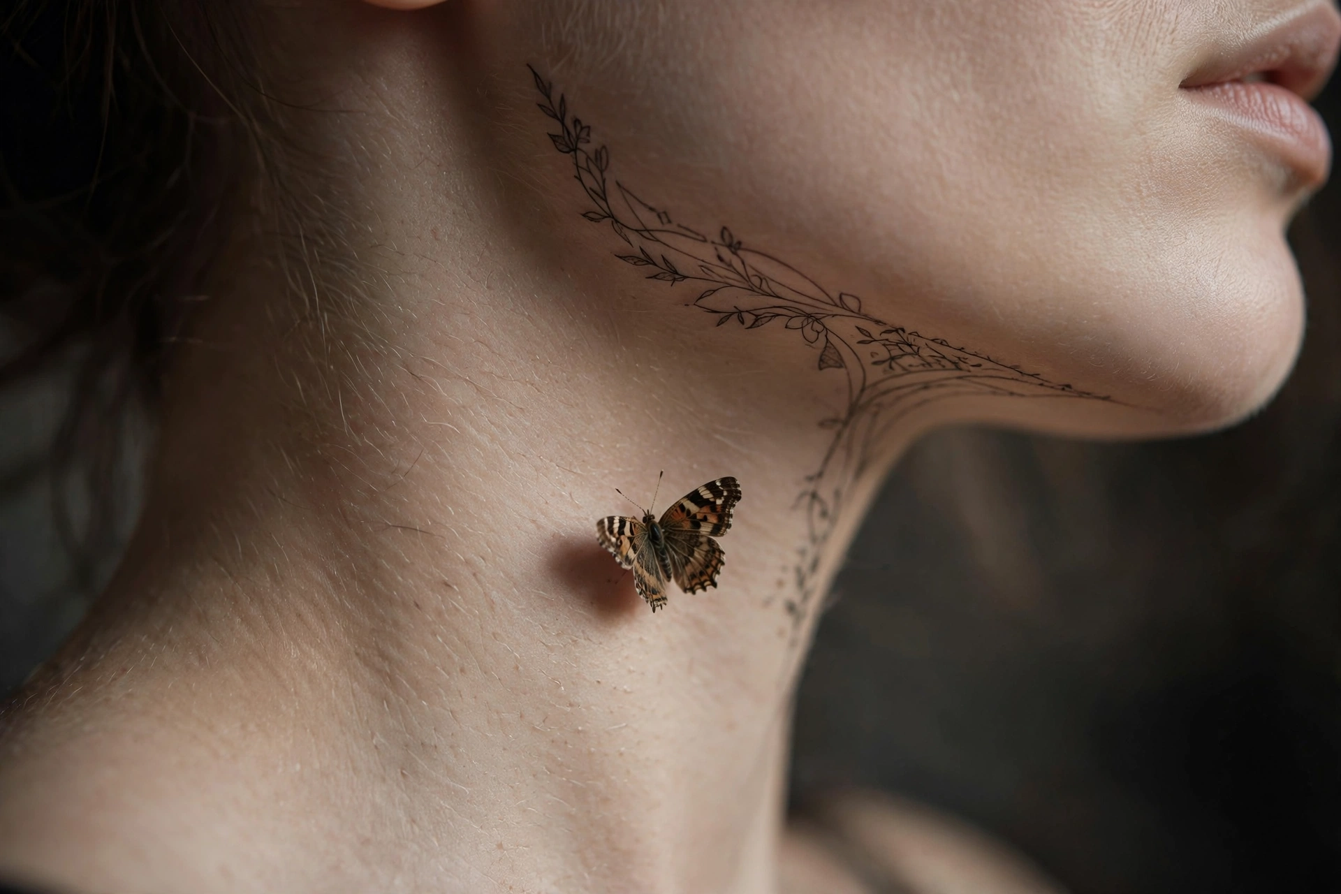 Small butterfly tattoo placed on the side of the neck behind the jawline