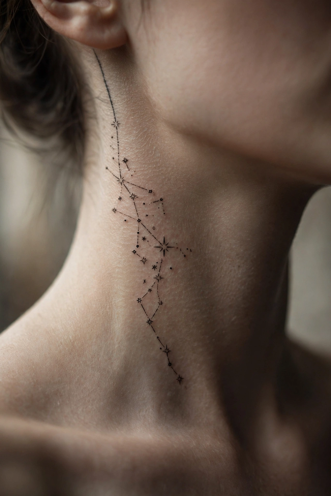 Star constellation tattoo trailing down the side of a neck