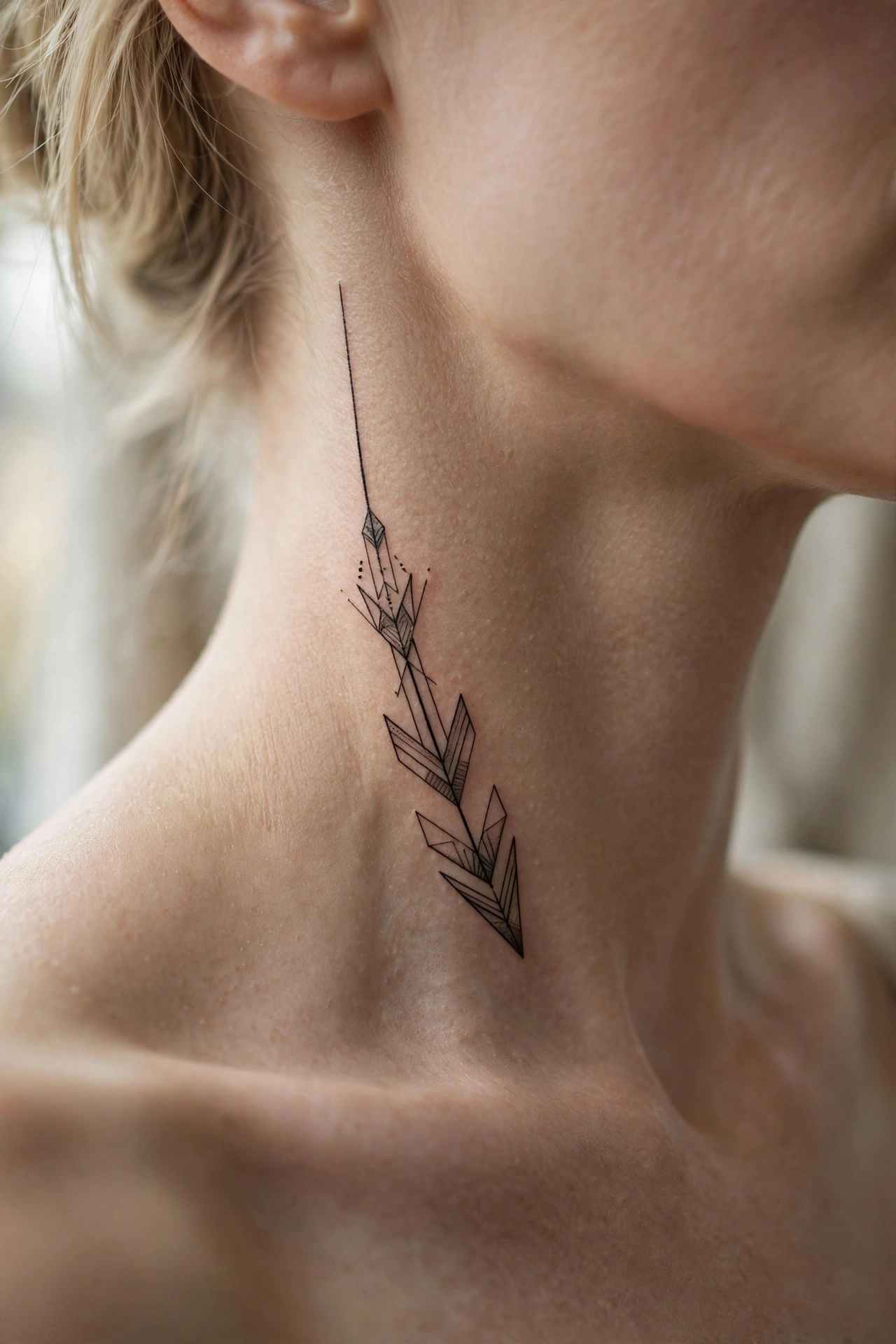 Geometric arrow tattoo pointing down the side of a neck