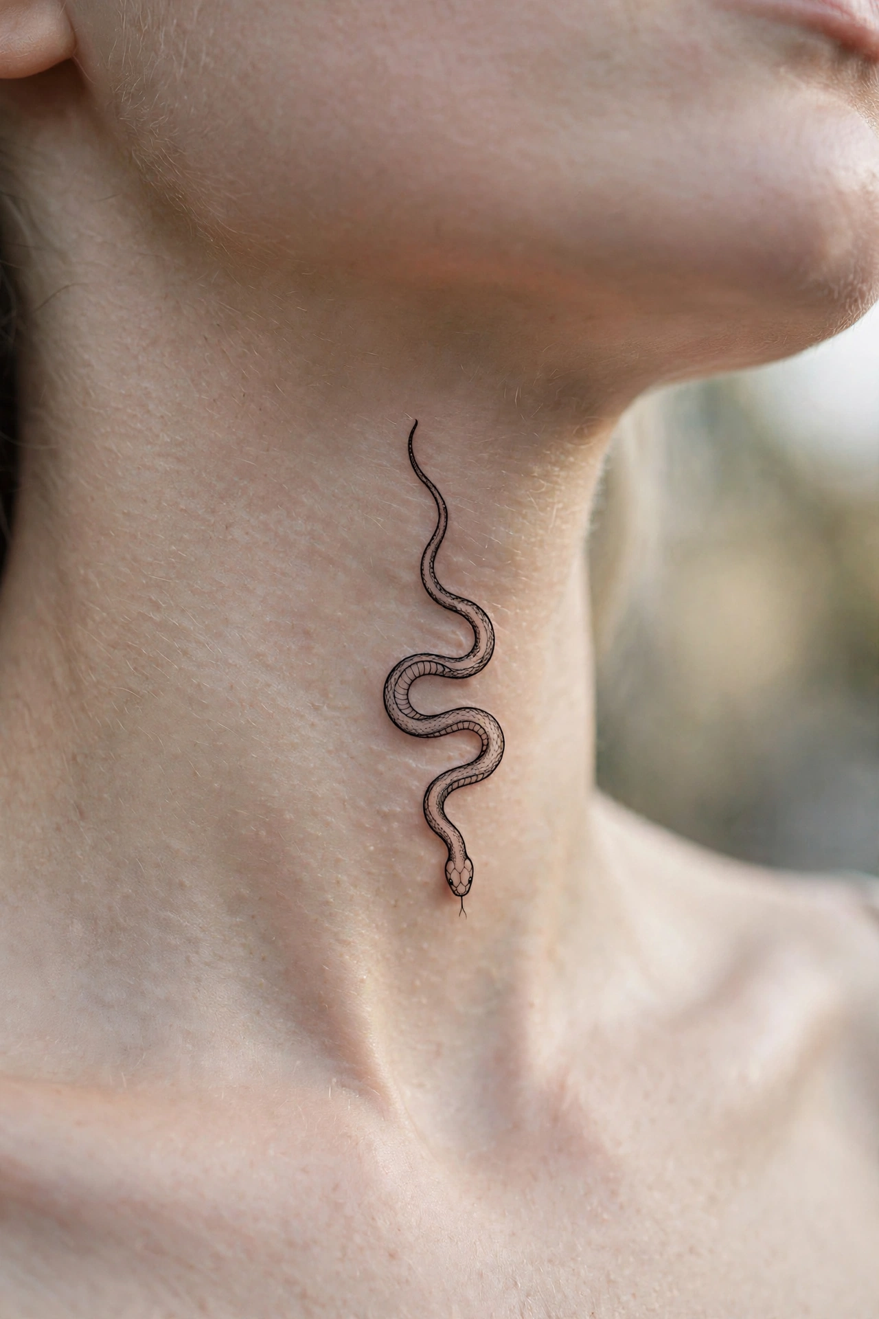 Small snake tattoo slithering down the side of a neck