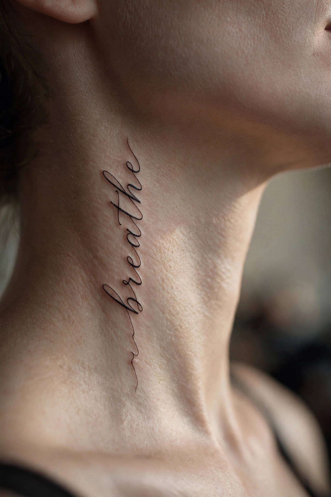 Single vertical word tattoo in elegant script on the side of a neck