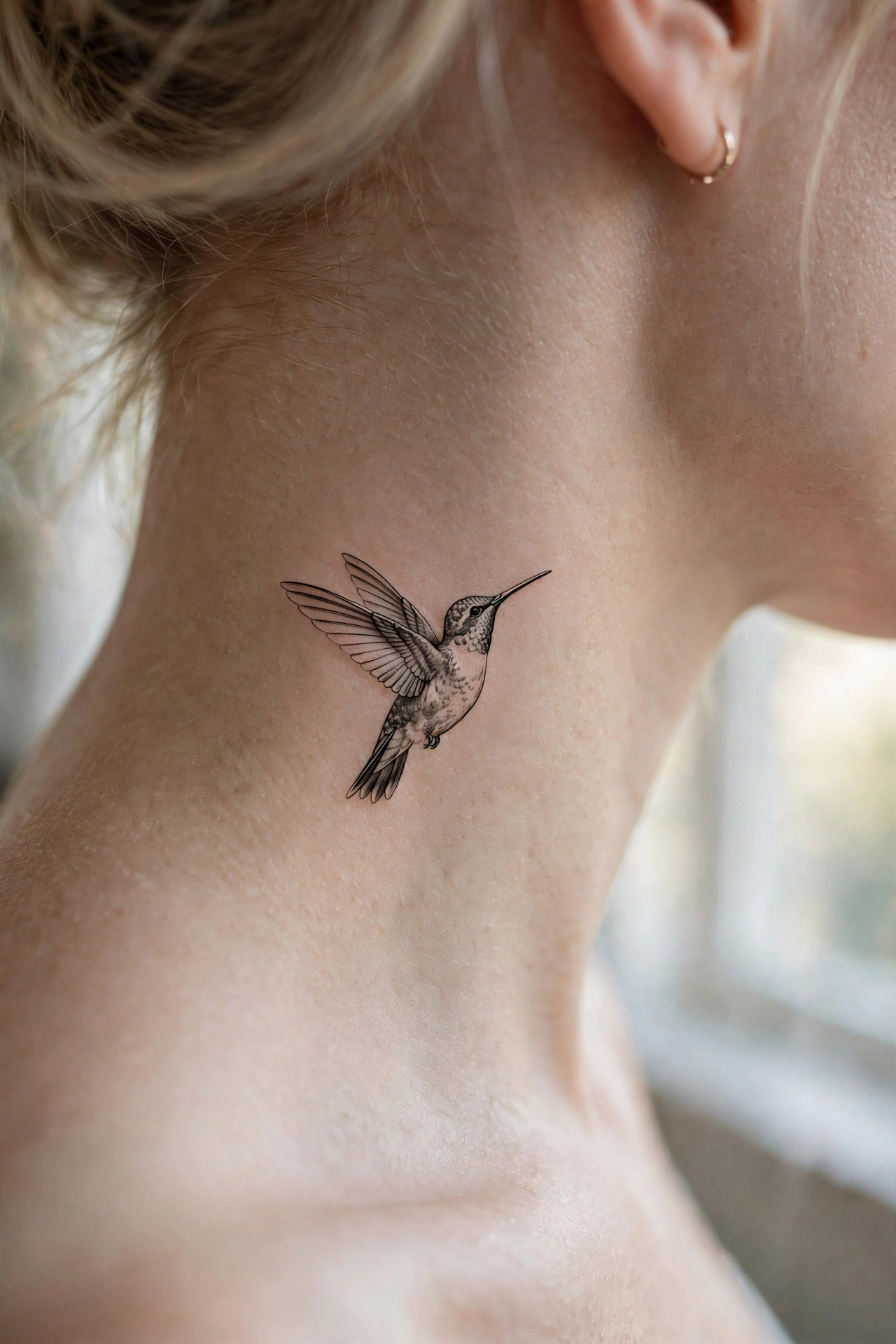 Tiny hummingbird tattoo in flight on the side of a neck