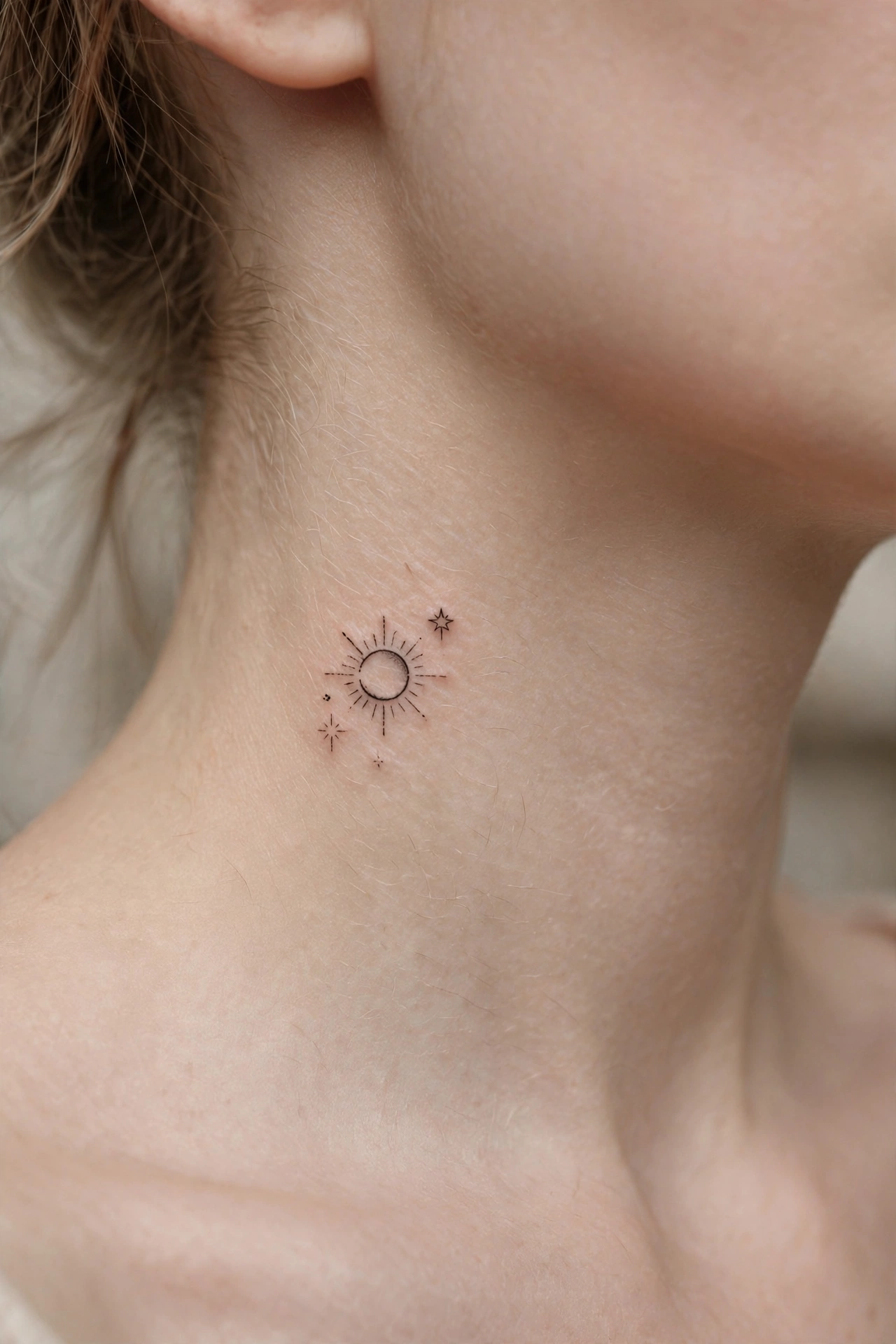 Small sun with stars tattoo on the side of a neck