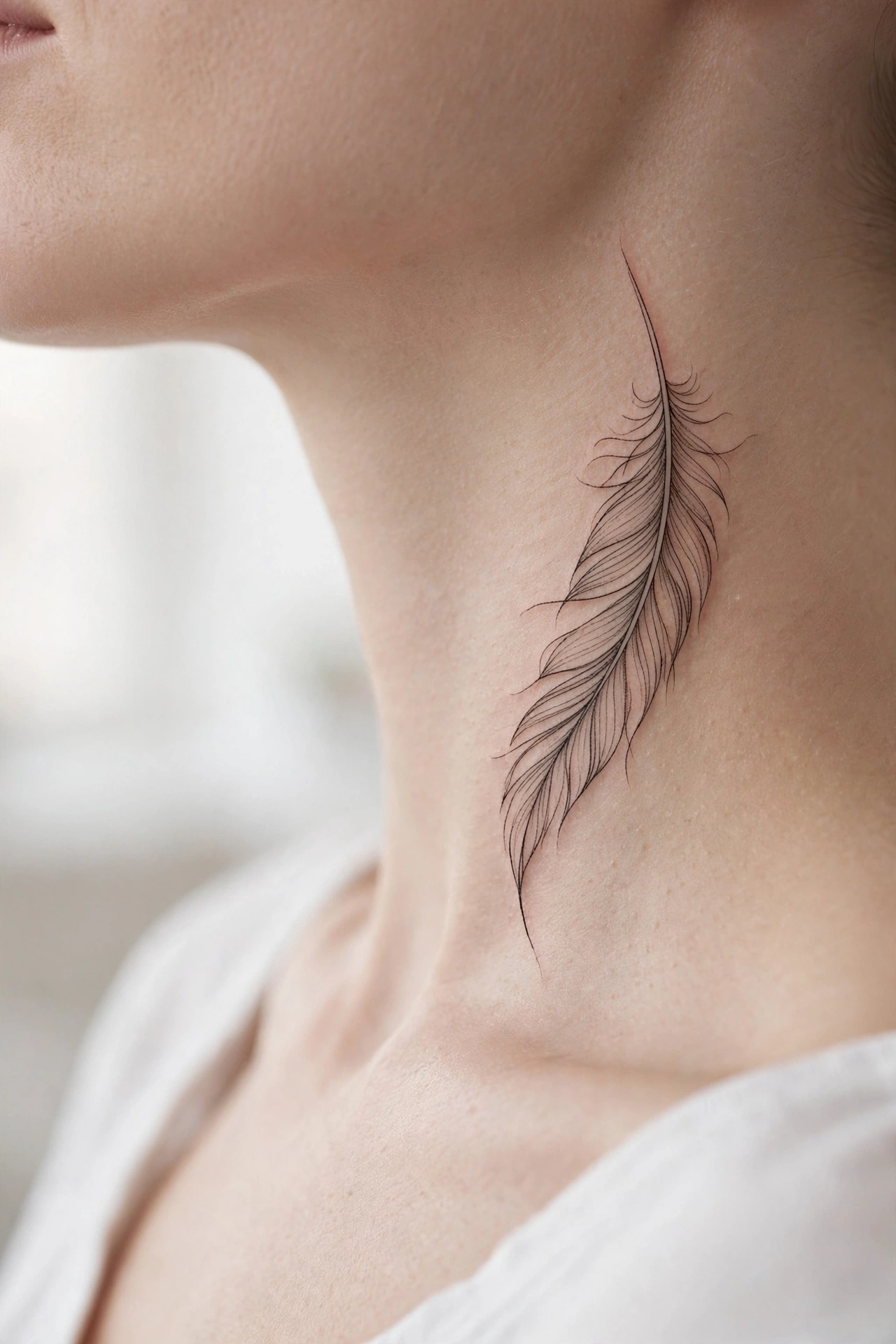 Delicate feather tattoo floating down the side of a neck