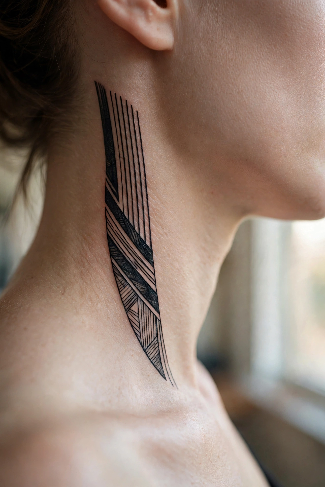 Bold blackwork stripe tattoo band on the side of a neck