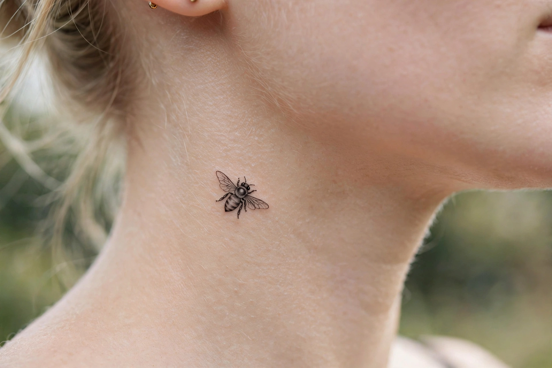 Tiny honeybee tattoo on the side of a neck