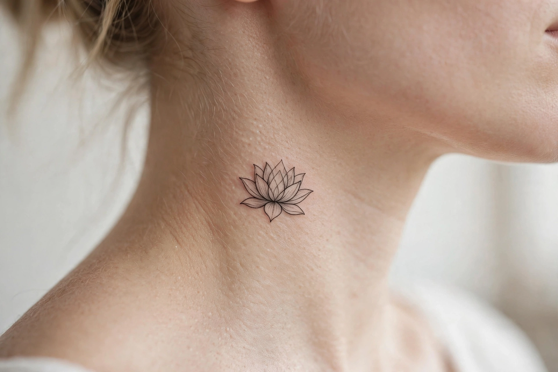 Small lotus flower tattoo on the side of a neck