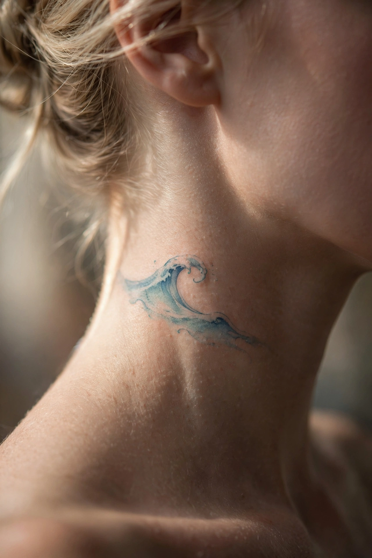 Minimal ocean wave tattoo curling on the side of a neck