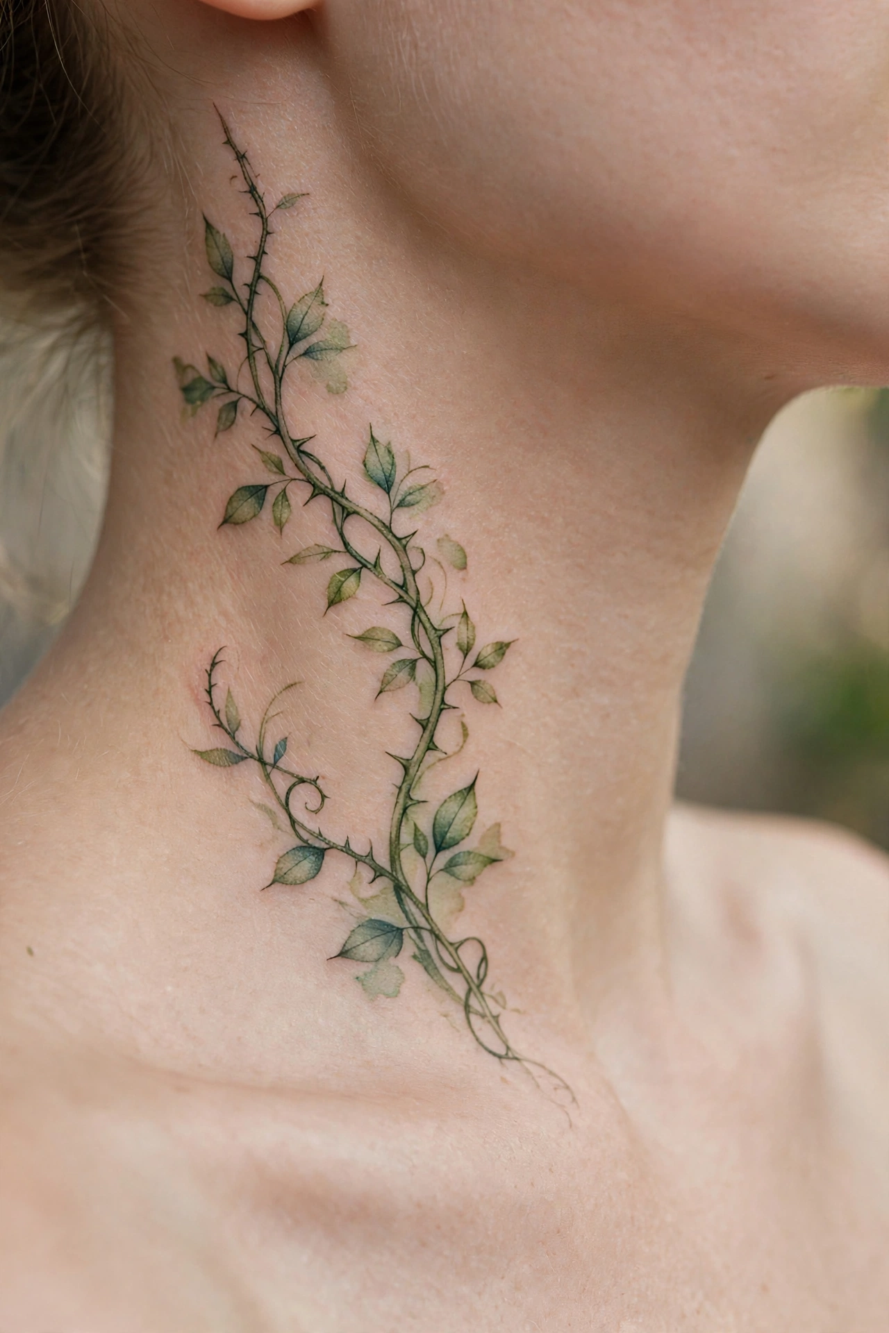 Thorn vine tattoo wrapping along the side of a neck