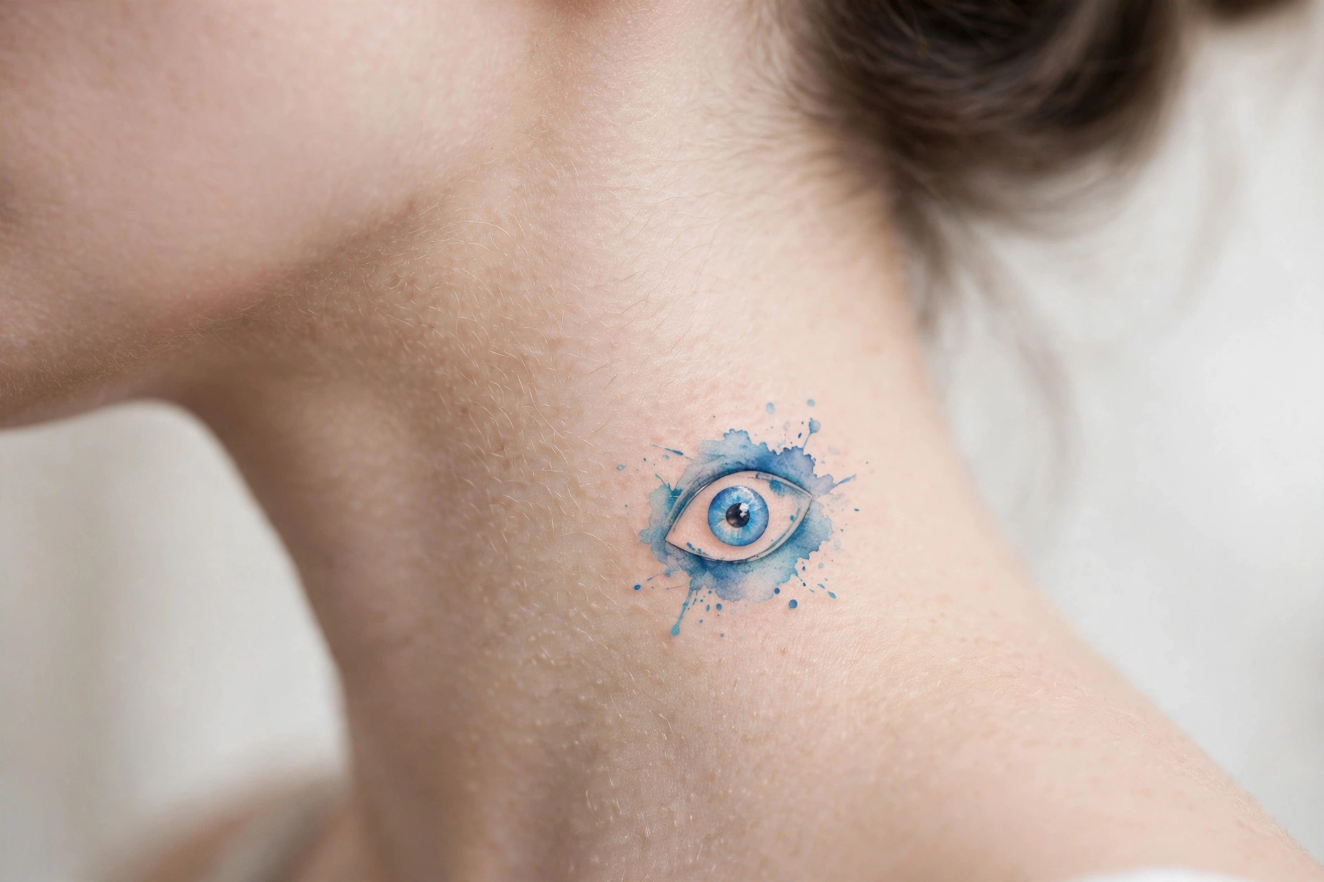 Small evil eye tattoo on the side of a neck for protection