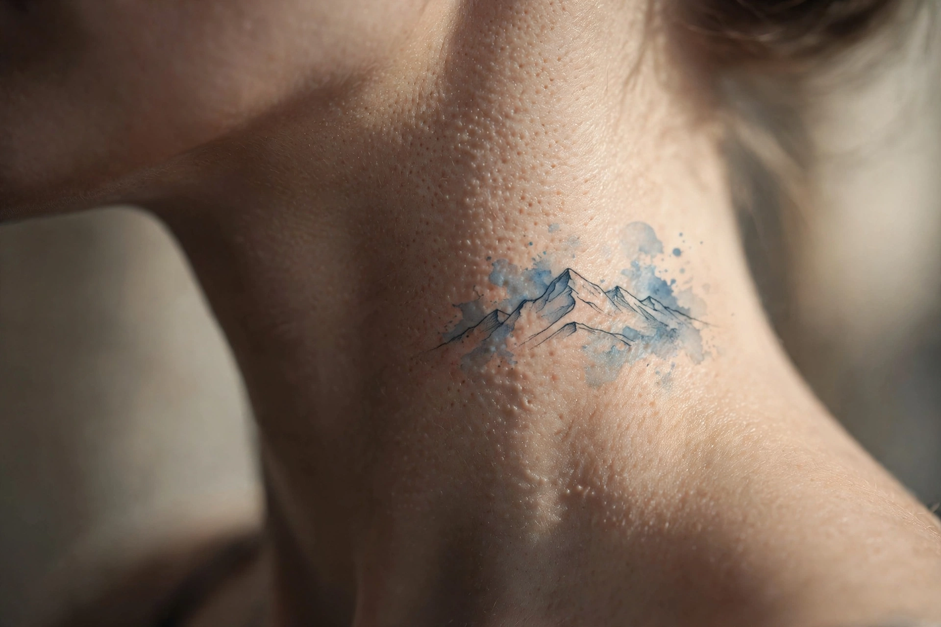 Minimal mountain range silhouette tattoo on the side of a neck