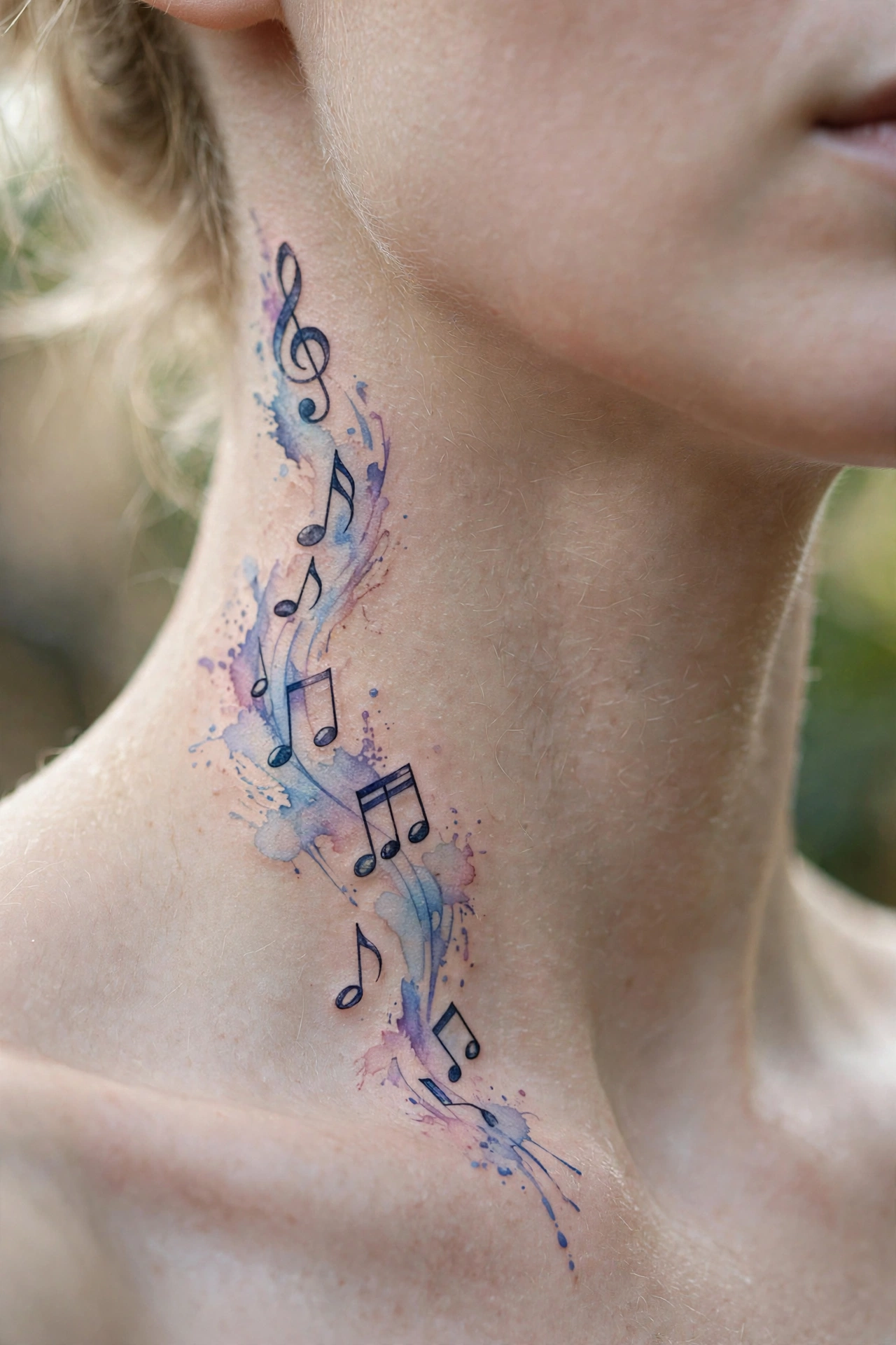 Music notes tattoo floating up the side of a neck