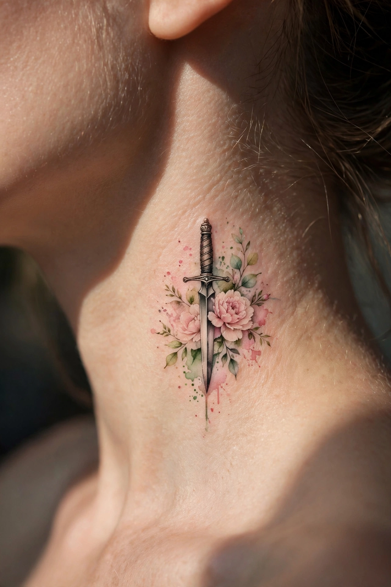 Small dagger tattoo with floral details on the side of a neck