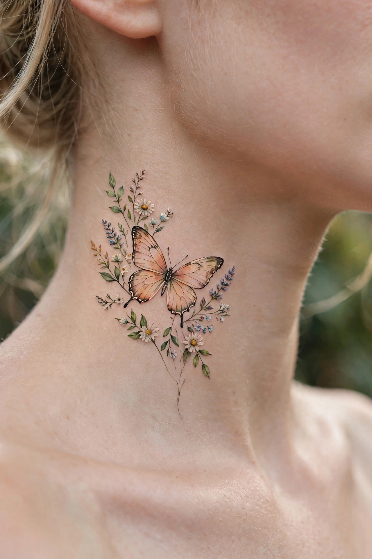 Butterfly with wildflowers tattoo composition on the side of a neck