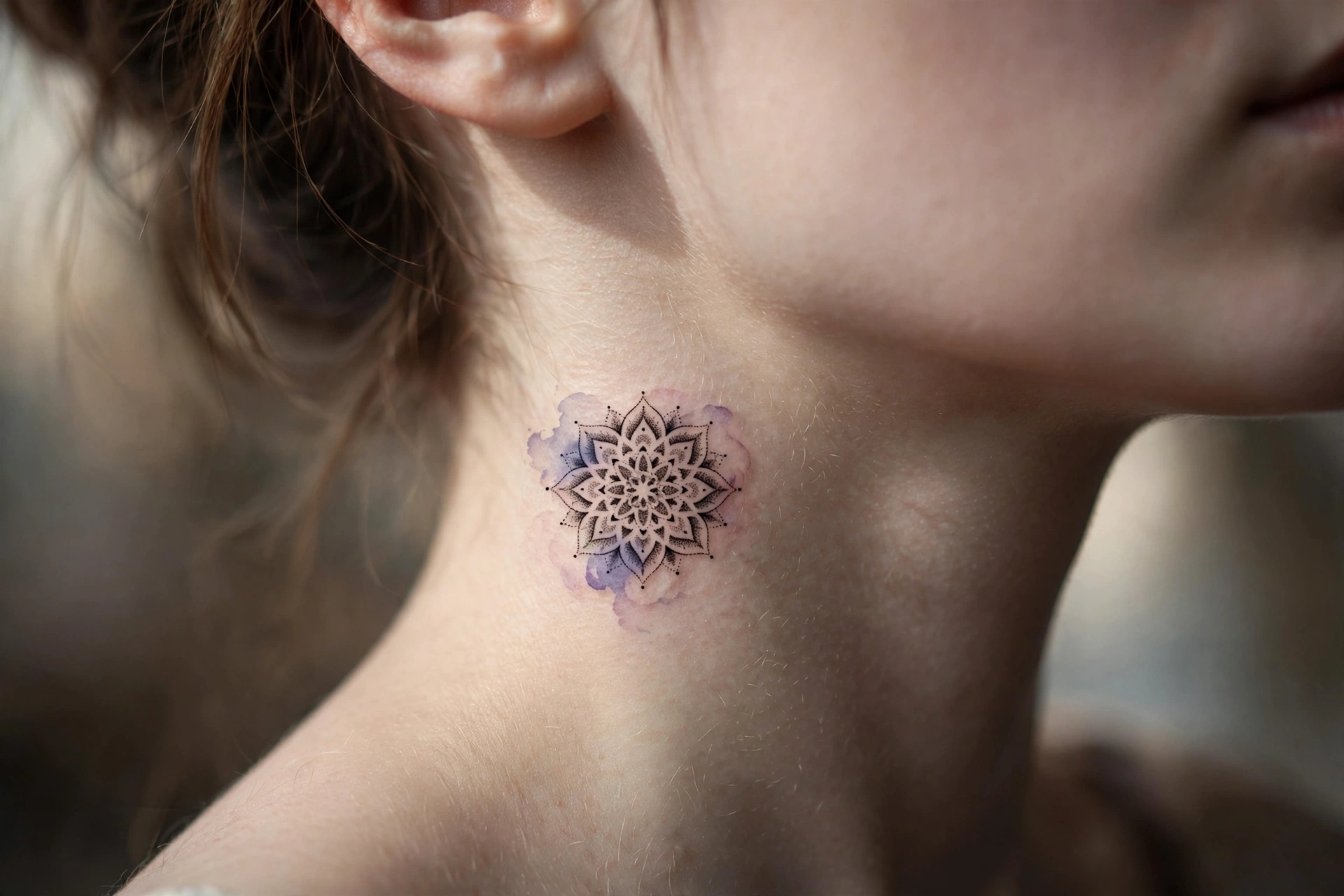 Small ornamental dotwork mandala tattoo on the side of a neck