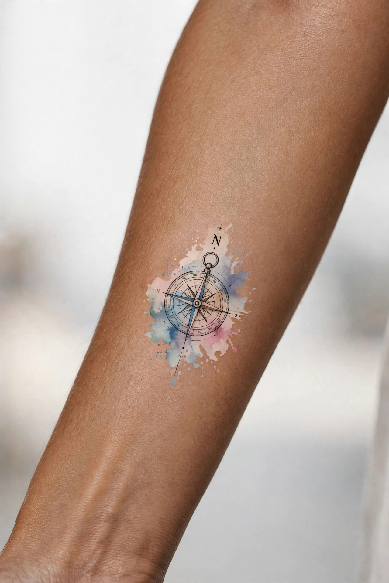 Mini compass tattoo on man's forearm