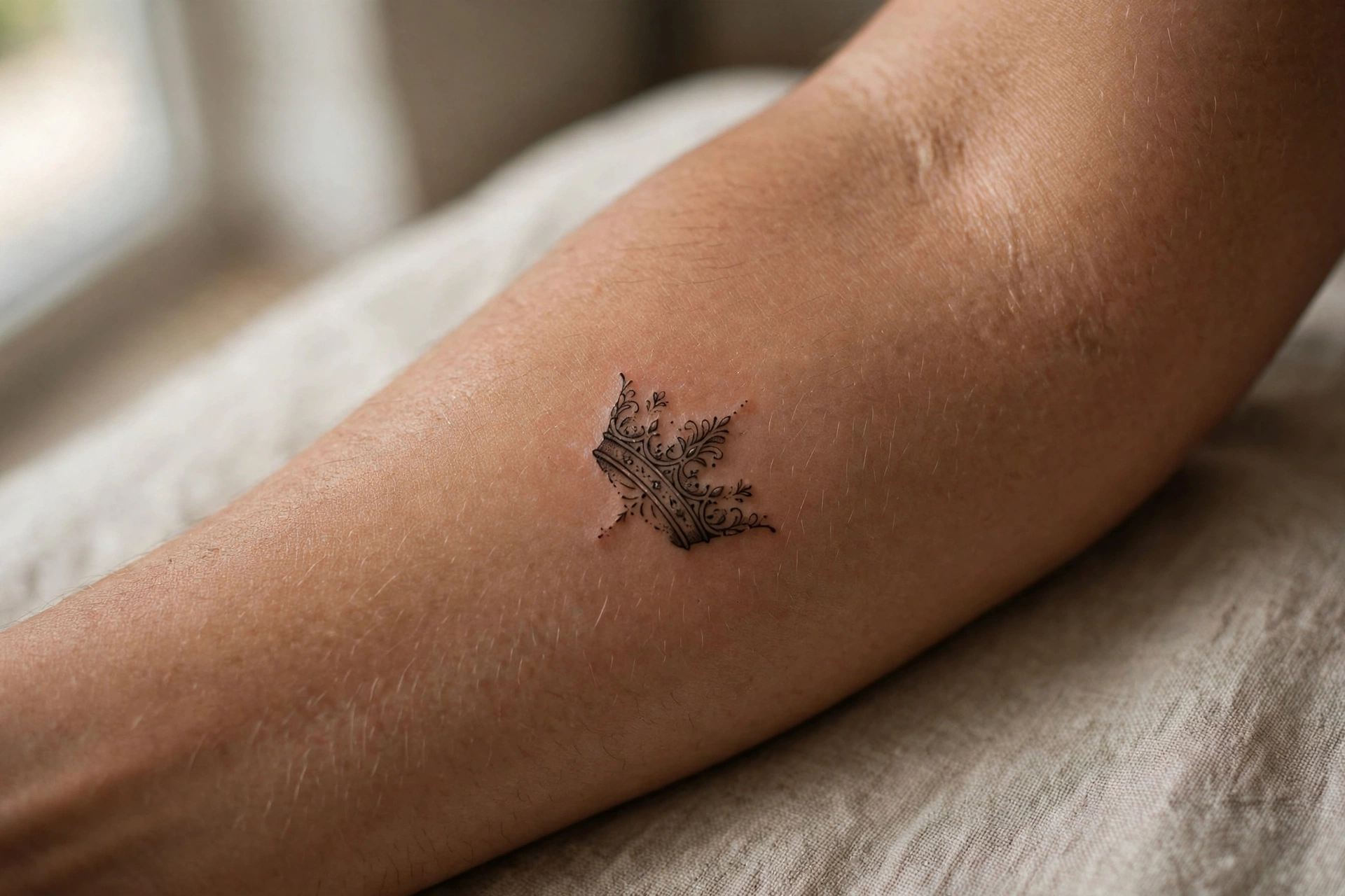 Tiny crown tattoo on man's hand