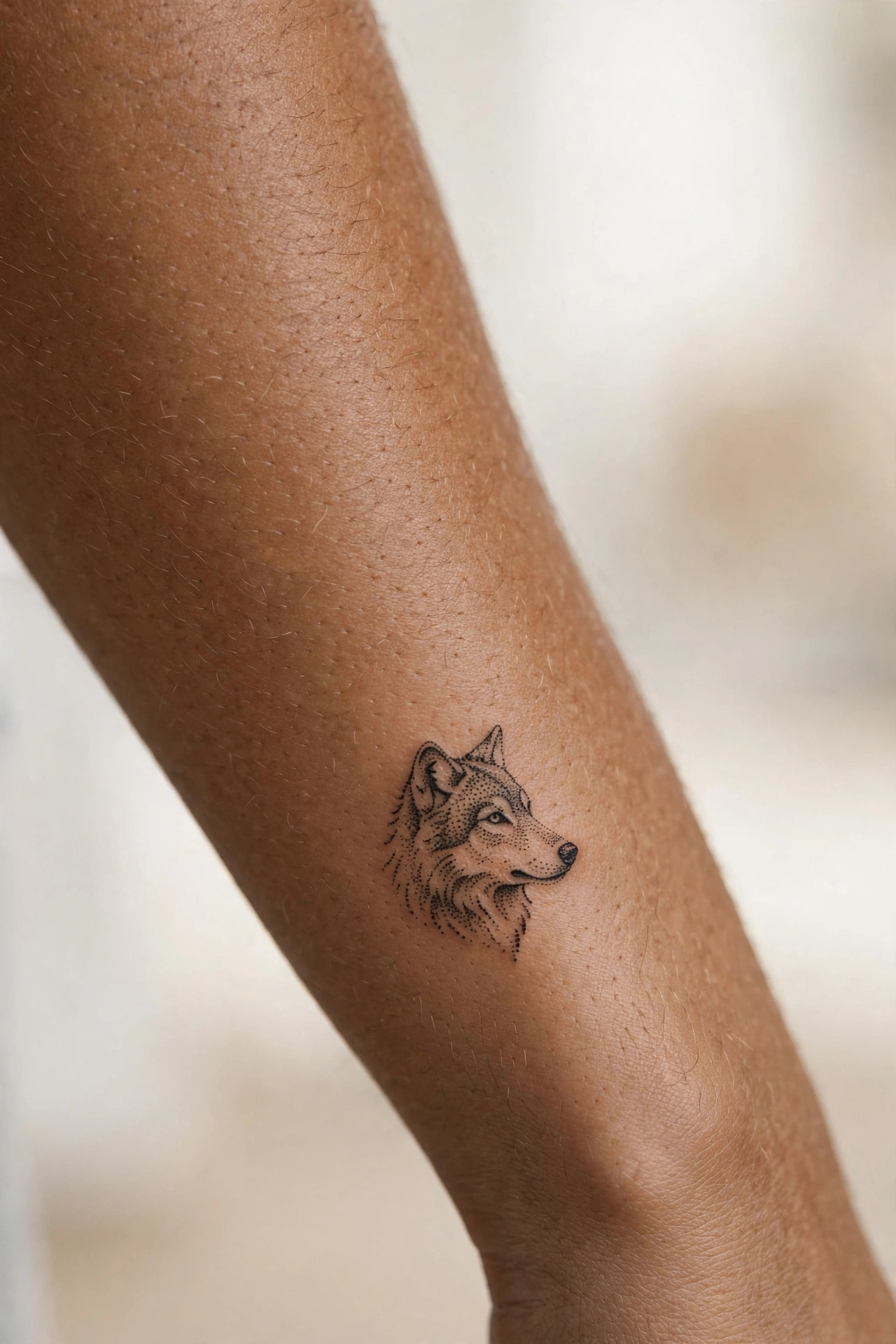 Tiny wolf head tattoo on man's bicep