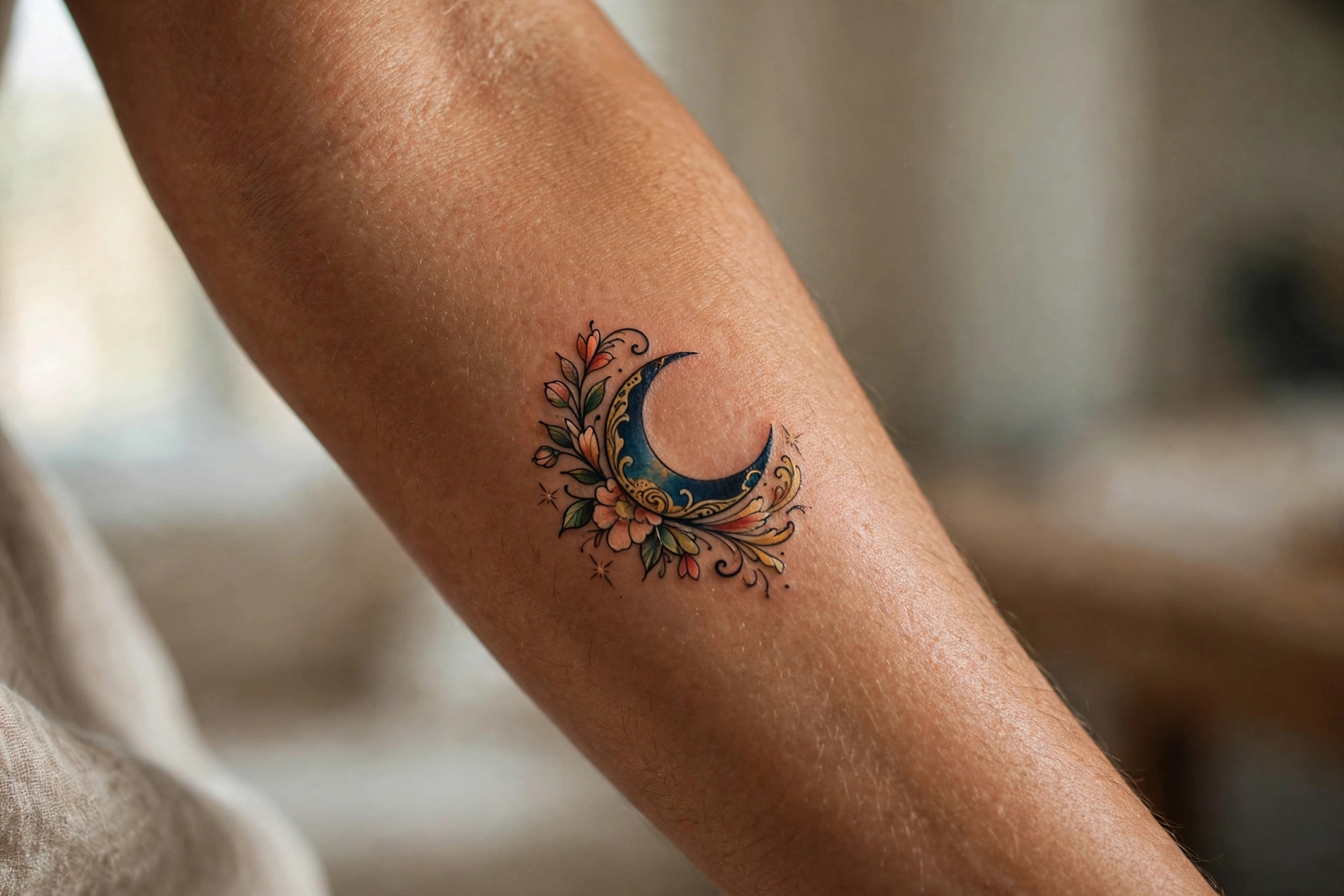 Mini crescent moon tattoo on man's neck