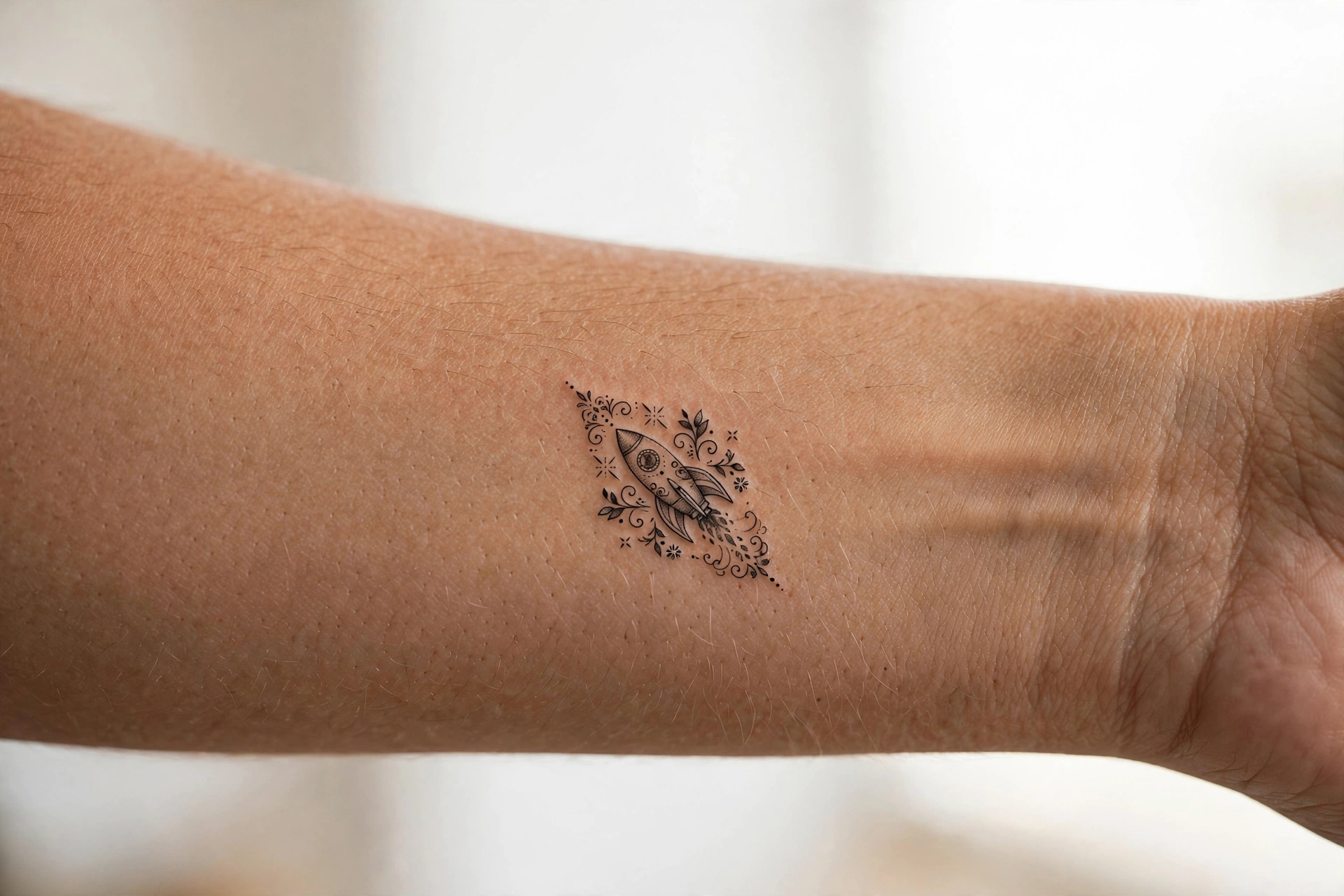 Tiny rocket tattoo on man's ankle