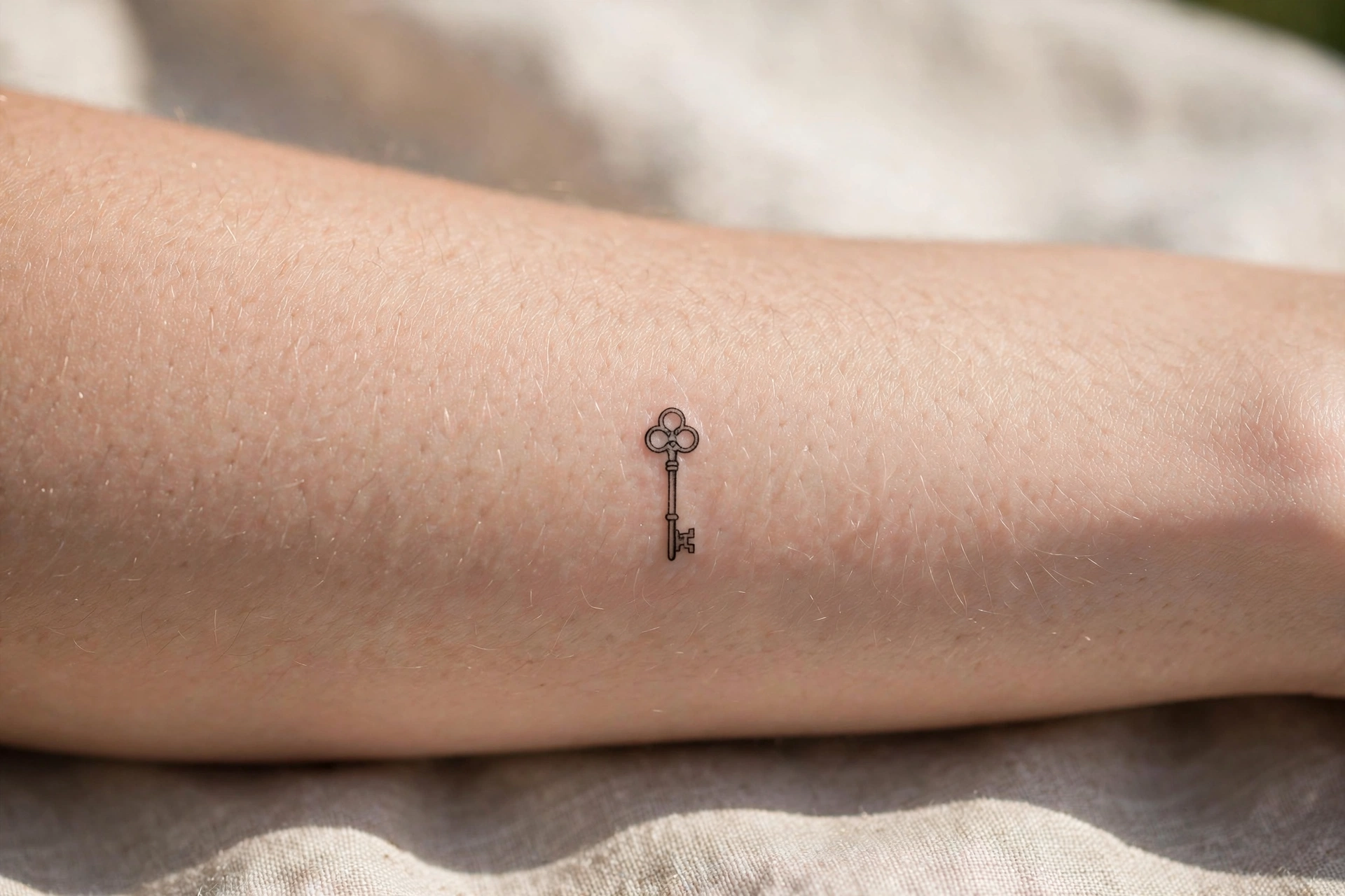 Tiny key tattoo on man's finger
