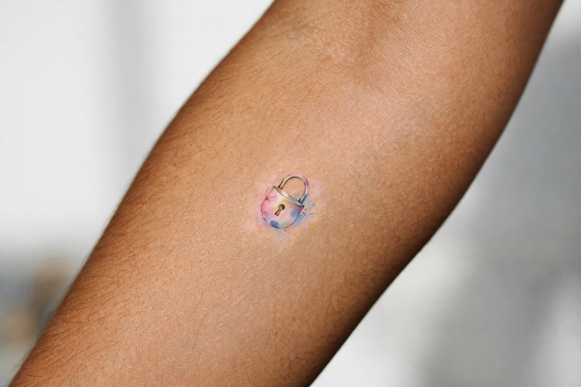 Tiny padlock tattoo on man's wrist