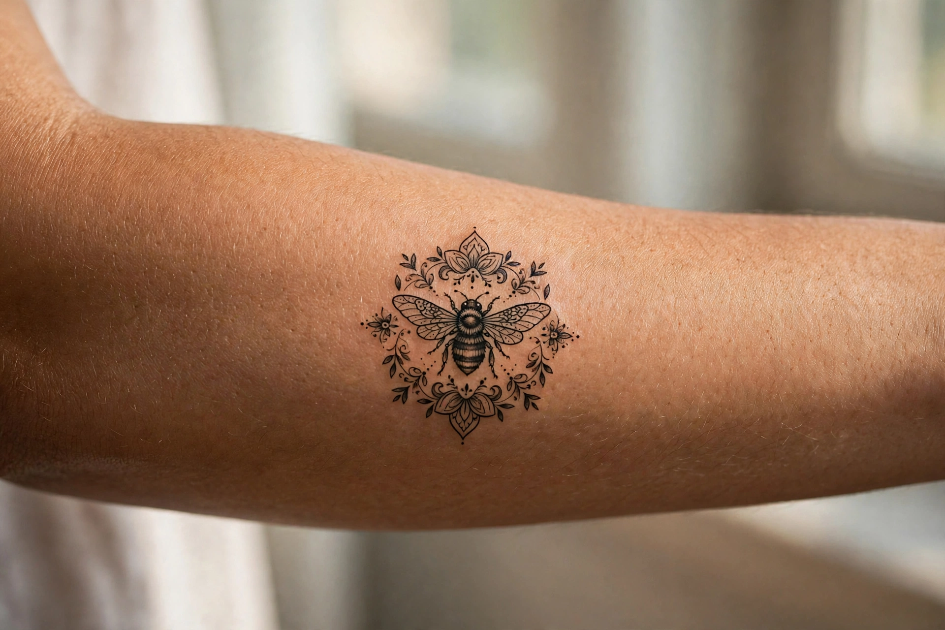 Mini bee tattoo on man's hand