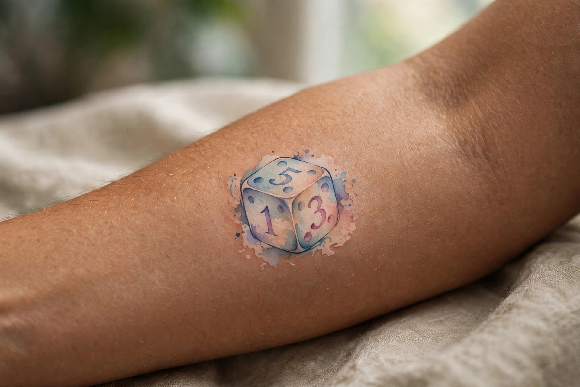 Small dice tattoo on man's wrist