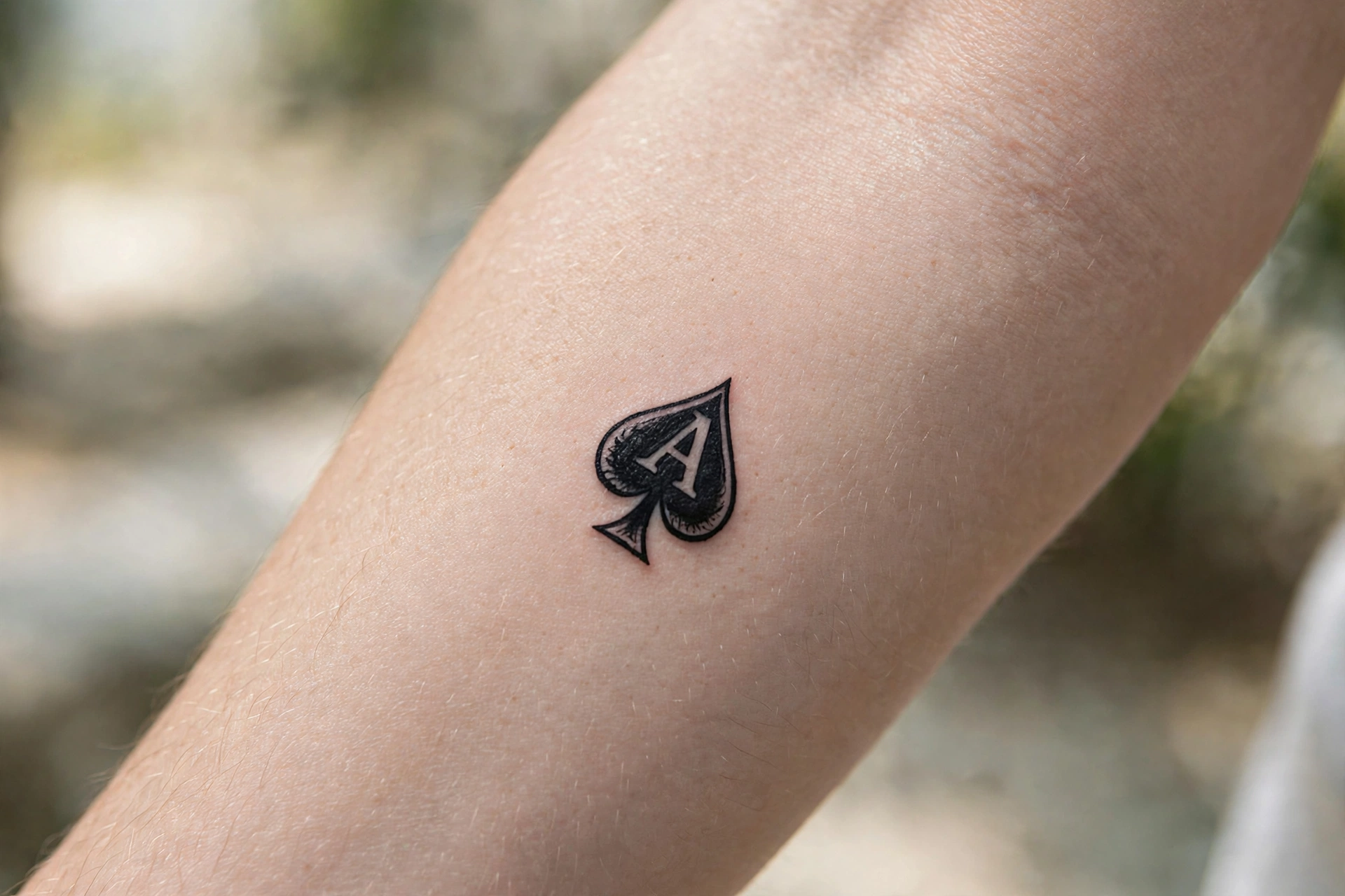 Mini ace of spades tattoo on man's forearm