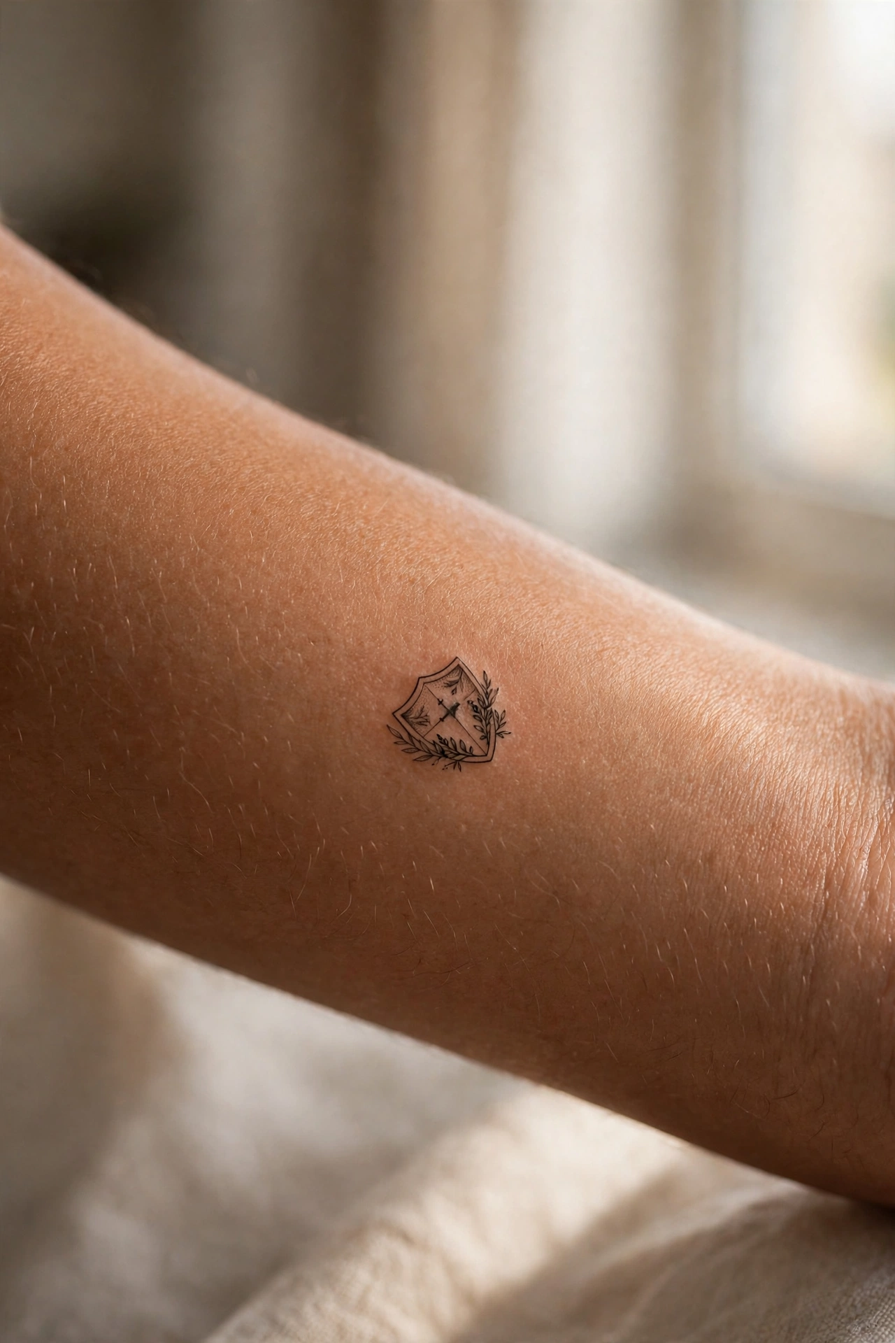 Tiny shield tattoo on man's shoulder