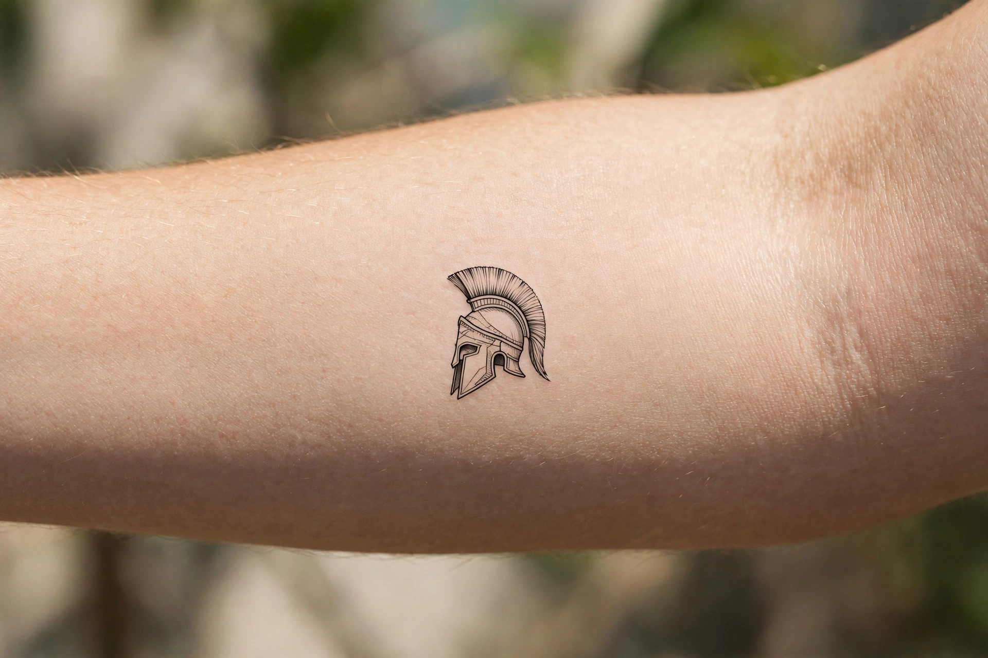 Small spartan helmet tattoo on man's bicep