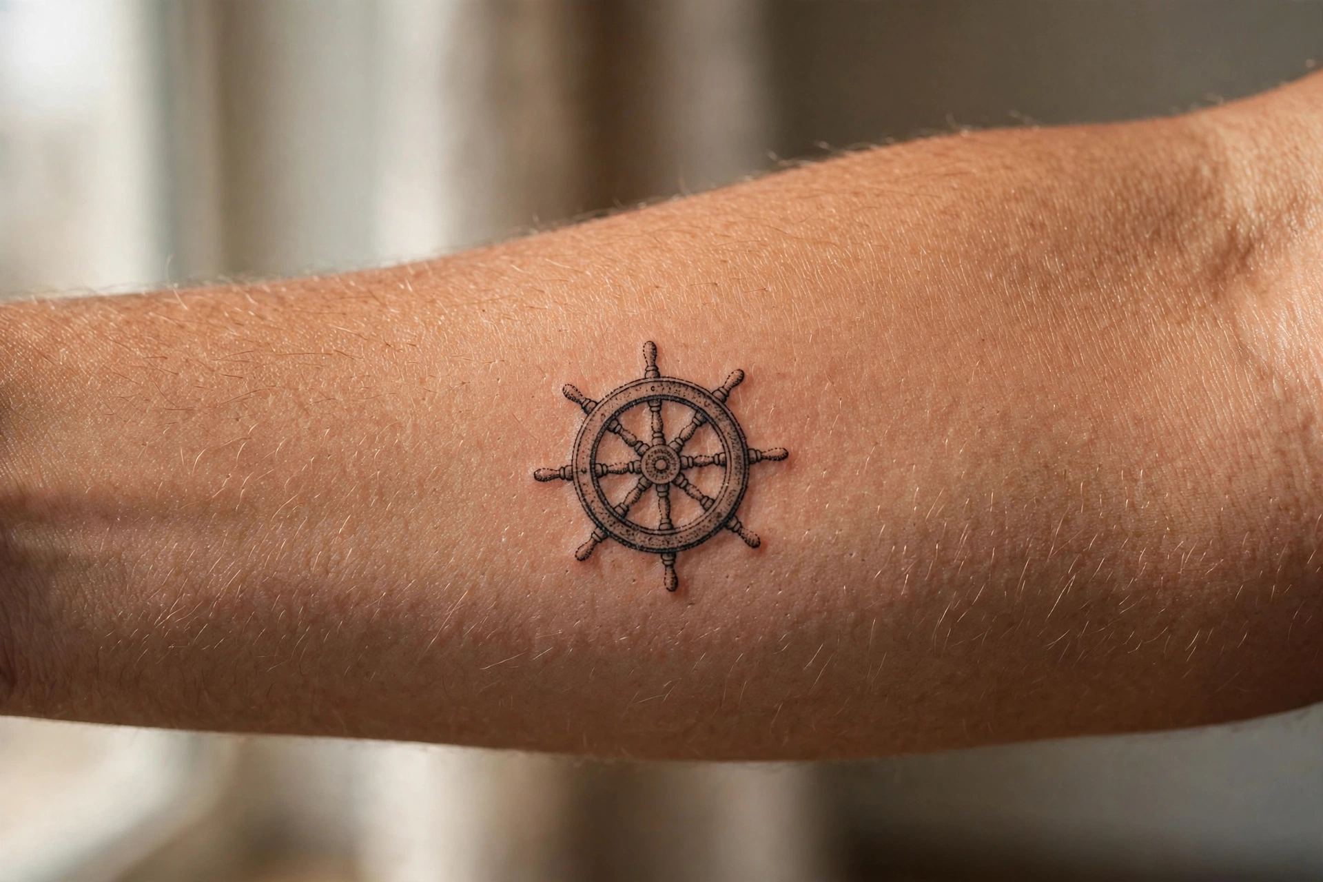 Tiny ship wheel tattoo on man's forearm