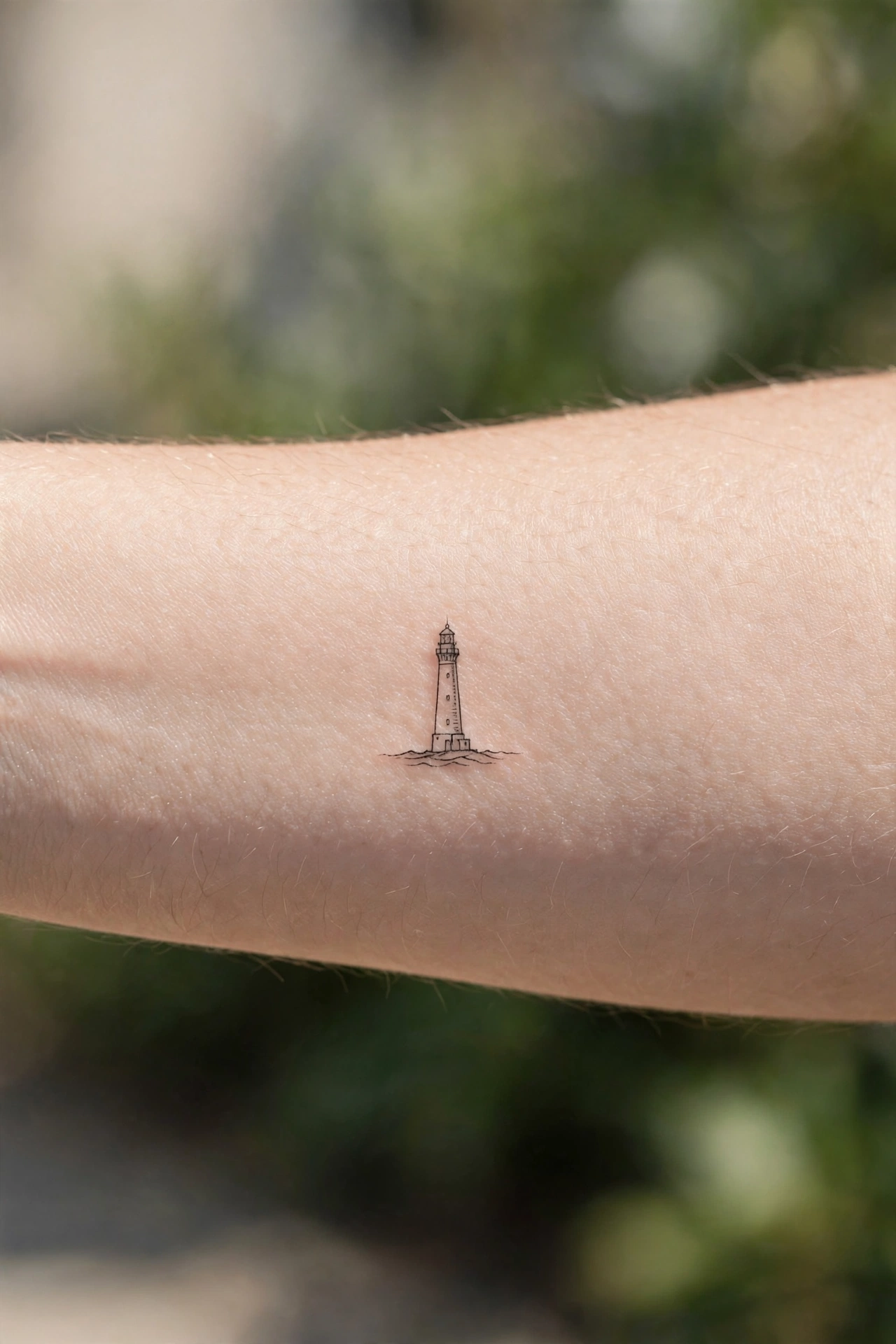 Mini lighthouse tattoo on man's forearm