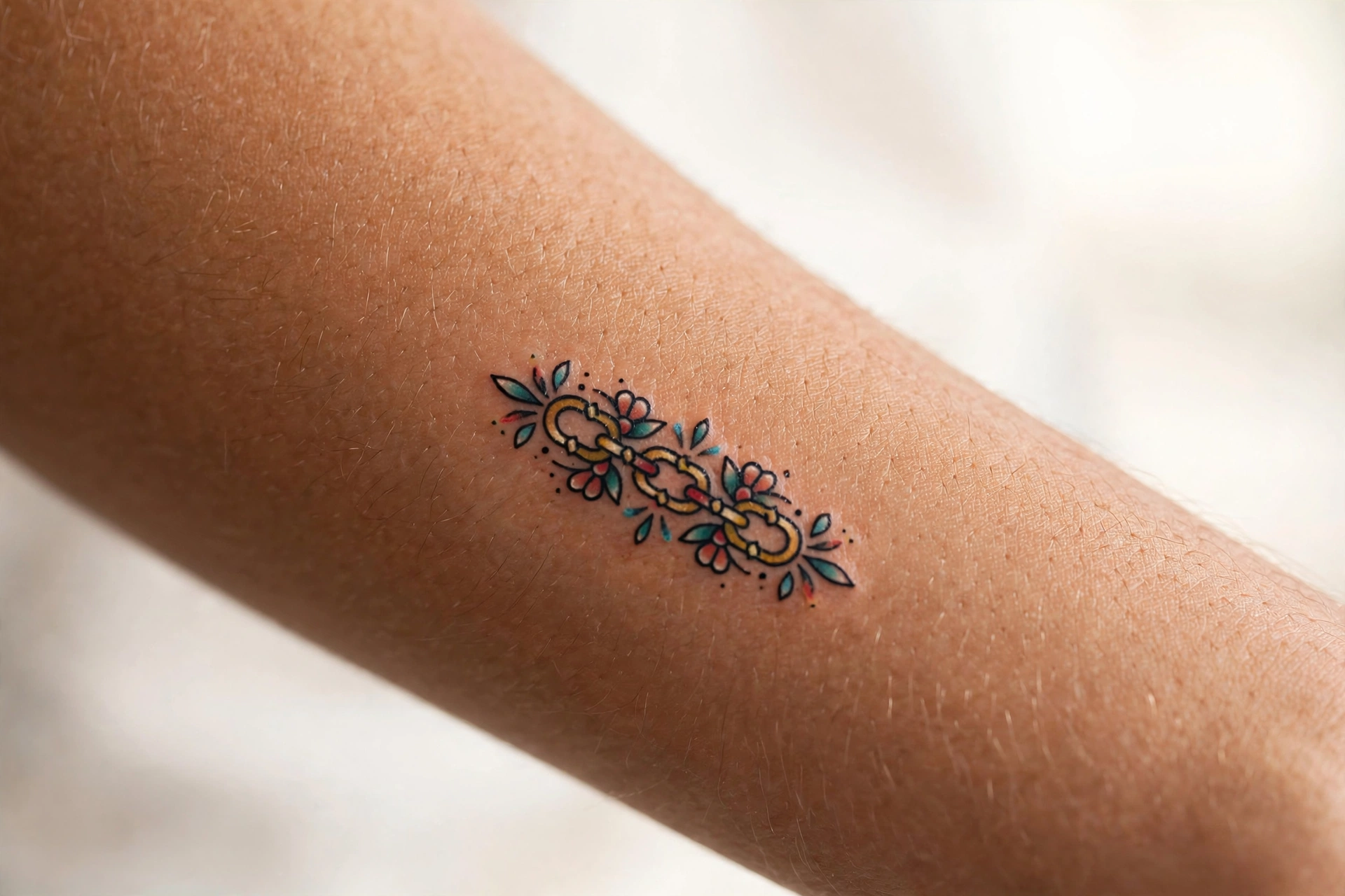 Tiny chain link tattoo on man's wrist