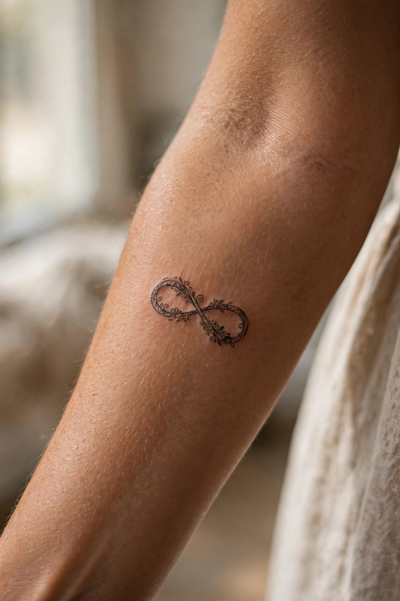 Mini infinity loop tattoo on man's finger