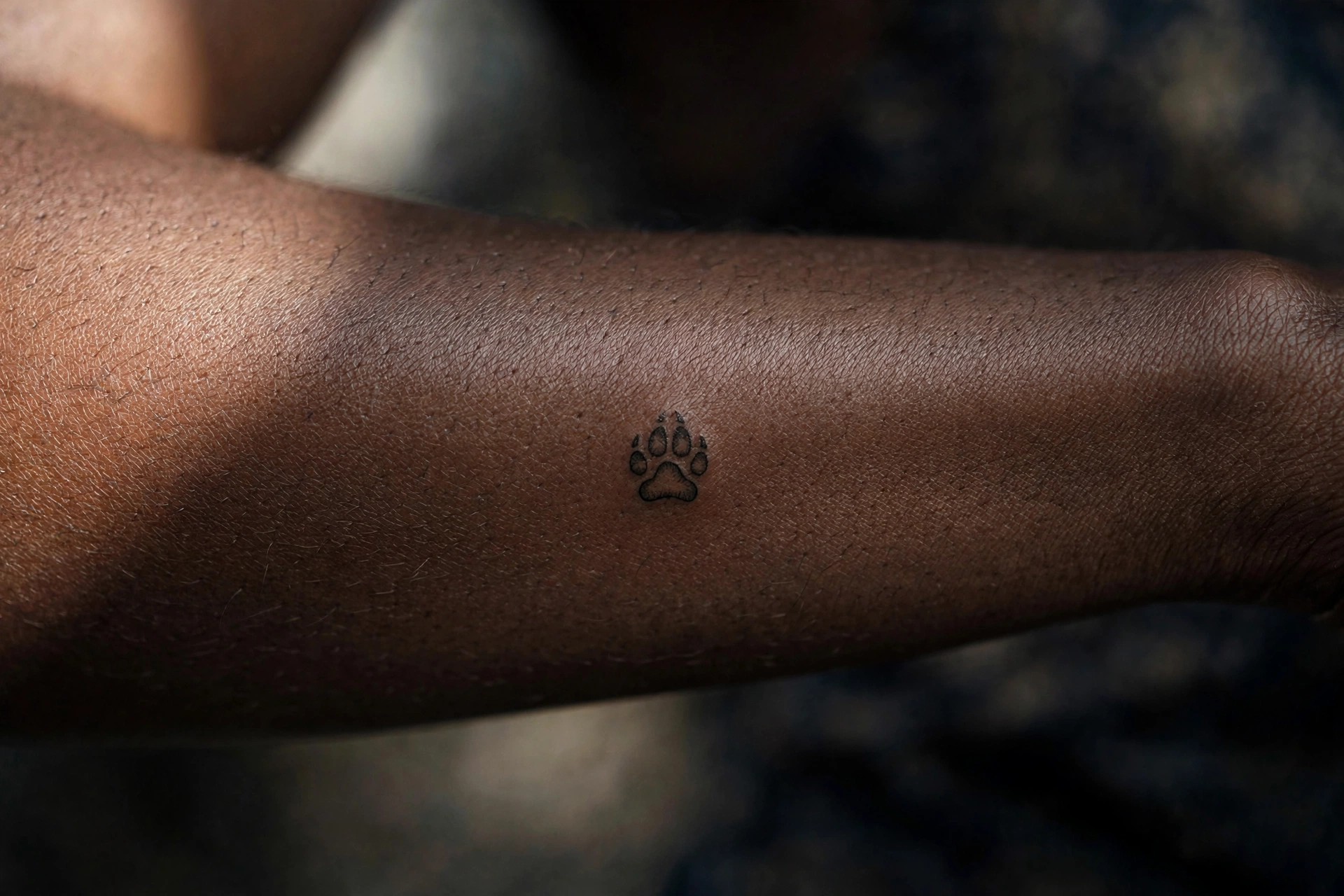 Tiny wolf paw tattoo on man's shoulder