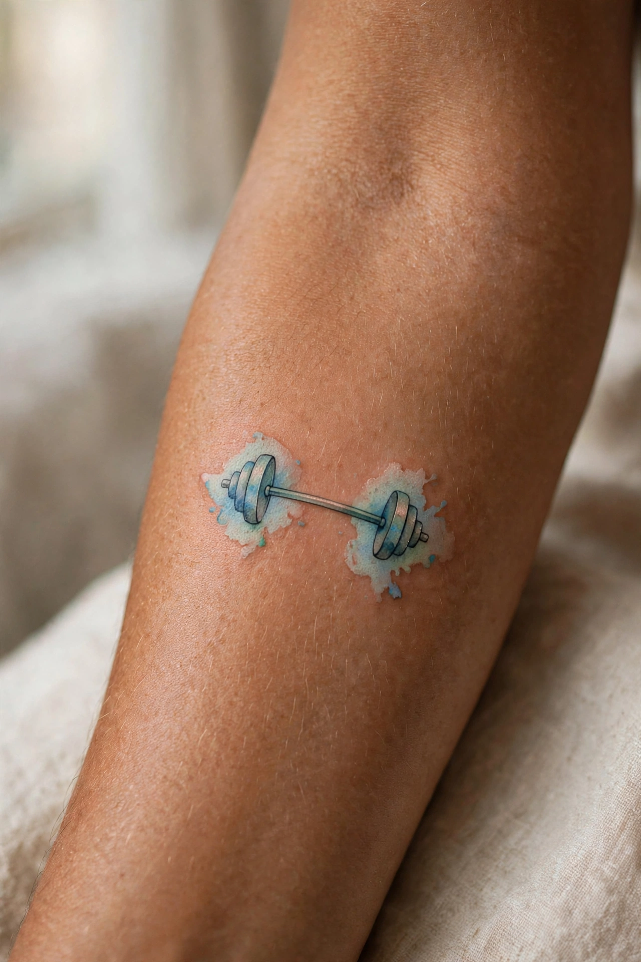 Small barbell tattoo on man's bicep