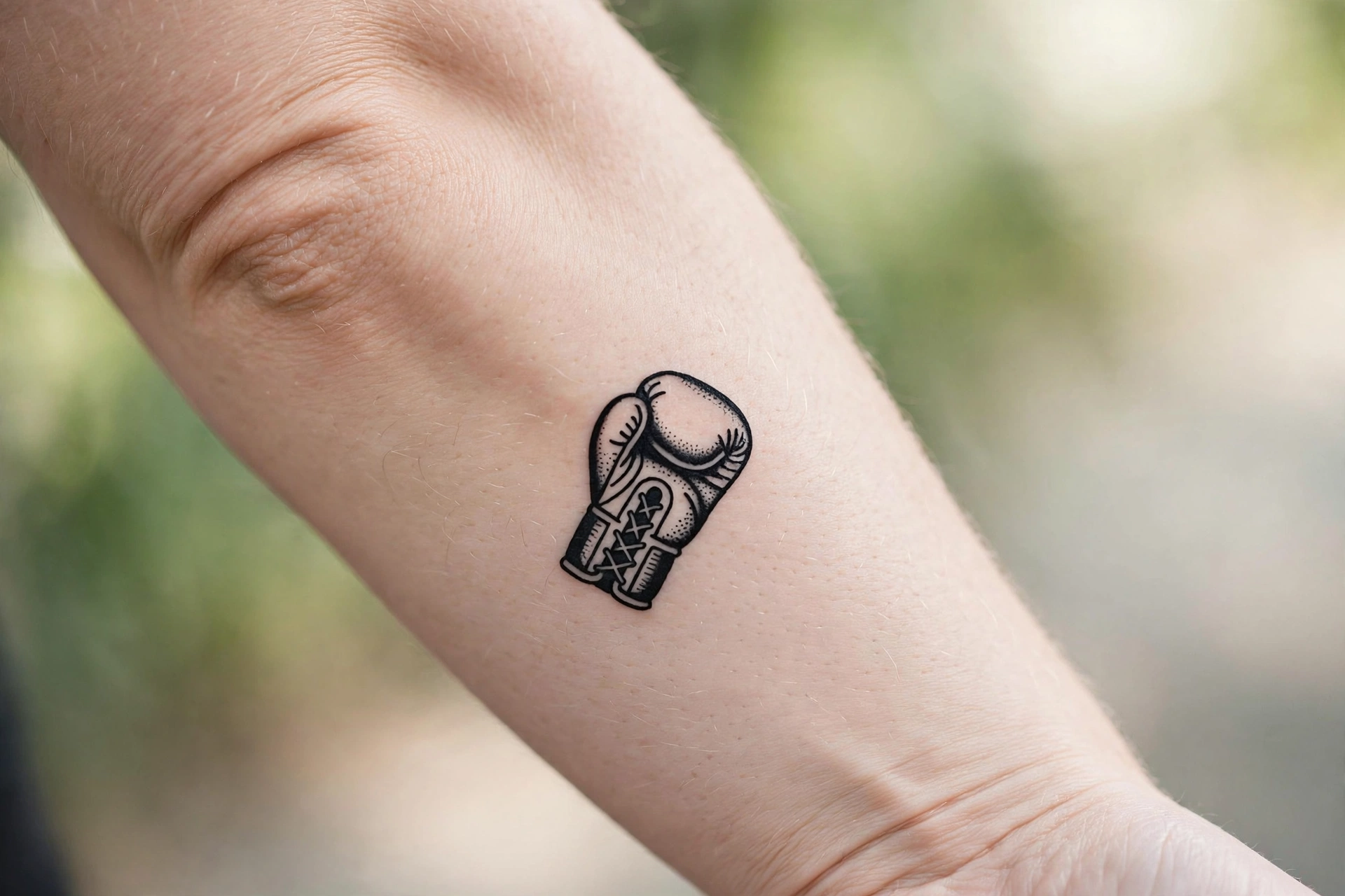 Tiny boxing glove tattoo on man's forearm