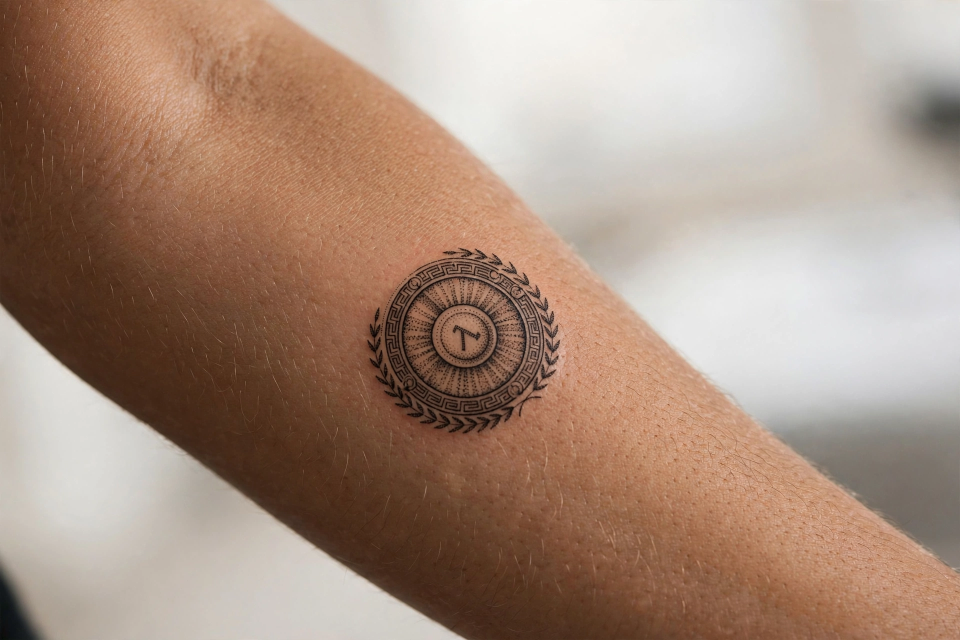 Small spartan shield tattoo on man's chest