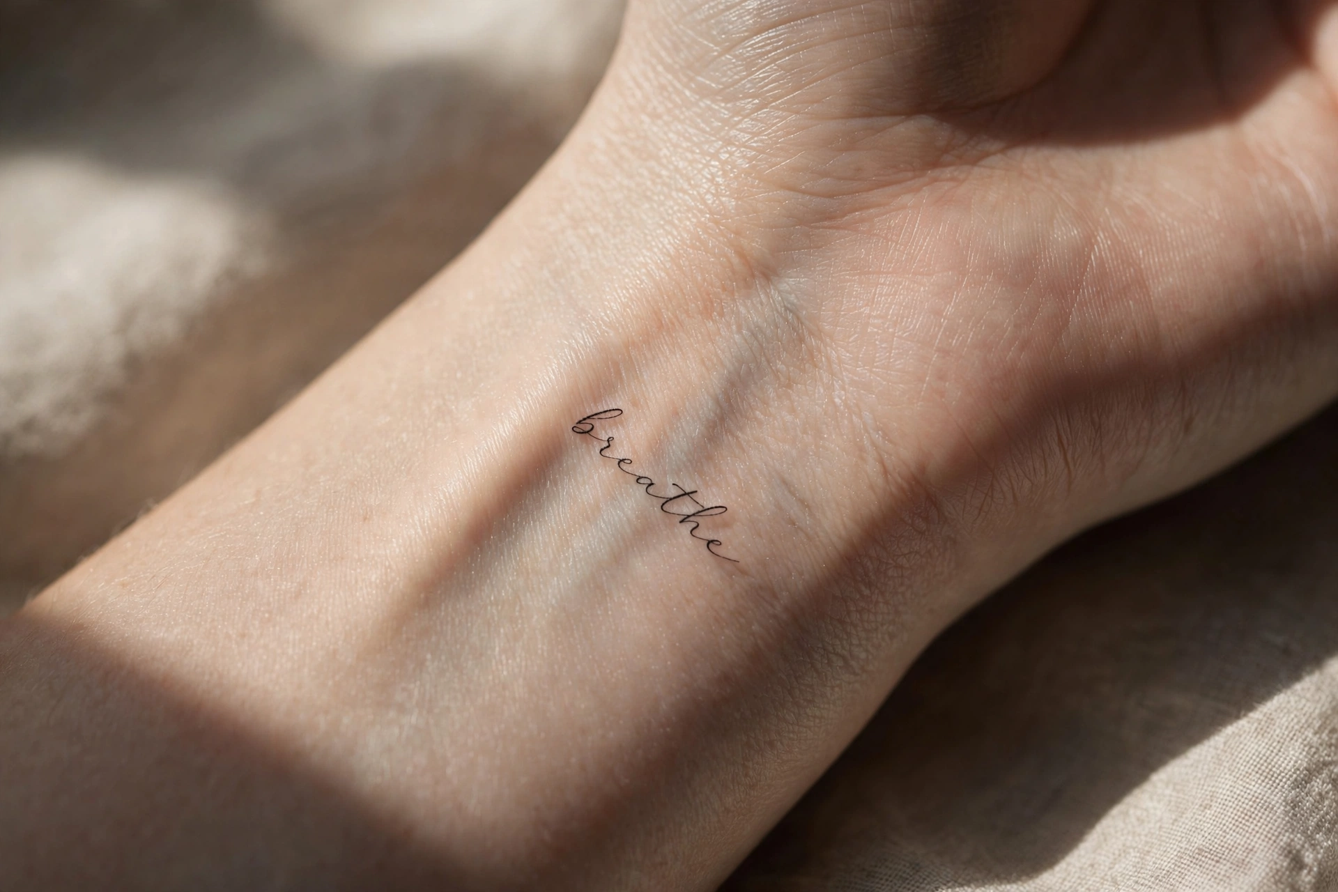 Small breathe script tattoo in thin cursive on the inner wrist