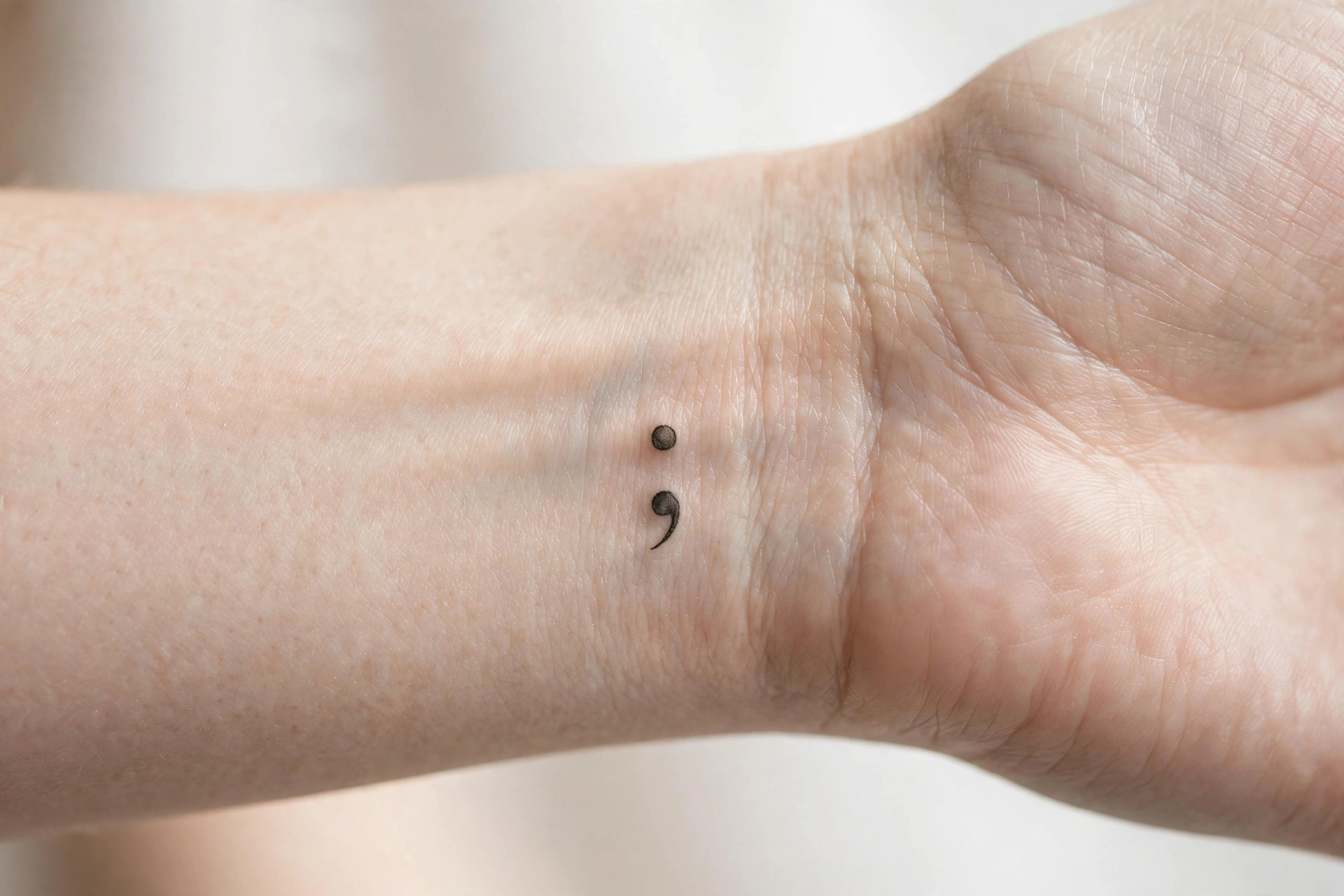 Small semicolon tattoo on the inner wrist