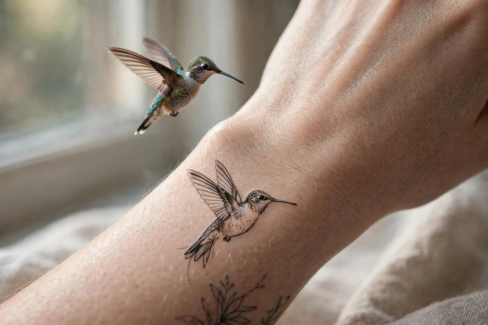 Tiny hummingbird tattoo hovering above the wrist